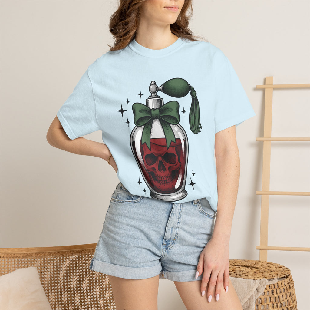 Skull Cologne Bottle Shirt Halloween Macabre Gift Women Line Art Tee Perfume T-Shirt Horror Fan Tattoo Tshirt Dark Graphic Old School Mint