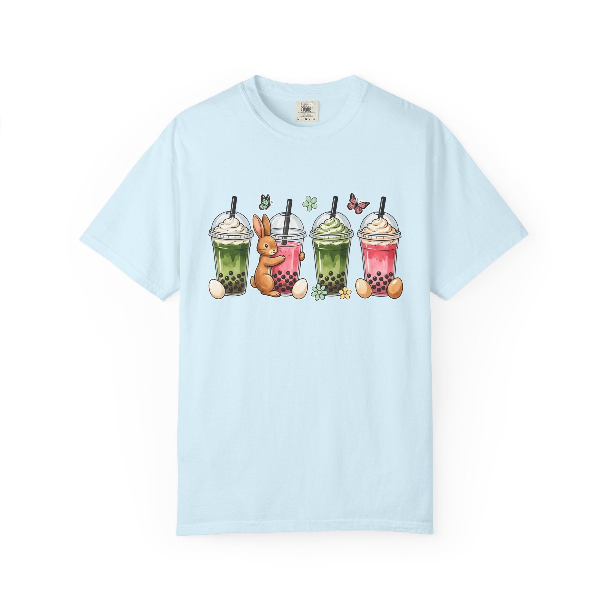 Bunny Boba Tea Shirt Easter Animal Gift Women Cute Tee Bubble Tea T-Shirt Easter Fan Cartoon Tshirt Creature Graphic Hand Drawn Easter Eggs