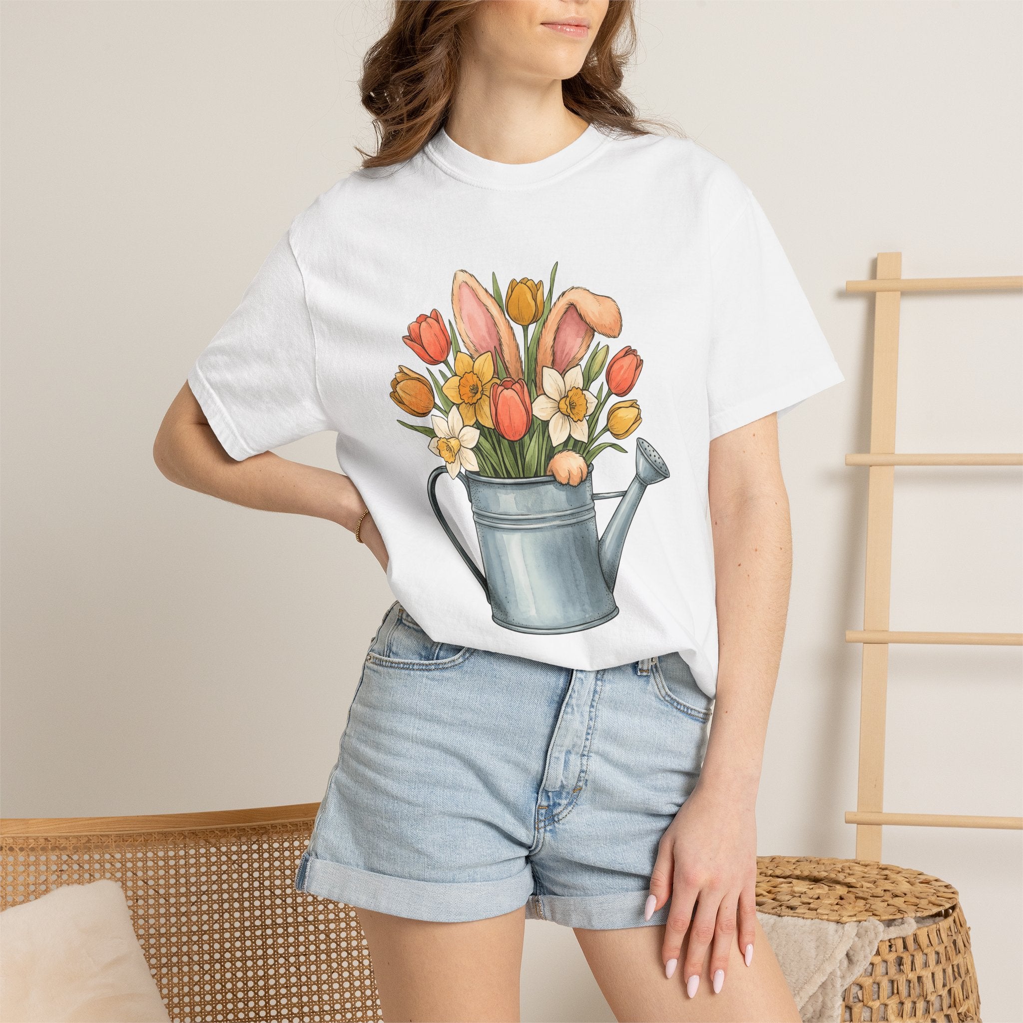Hare Ears Flowers Shirt Easter Garden Gift Women Brushwork Tee Rabbit Ears T-Shirt Easter Fan Painted Tshirt Gardening Graphic Outline