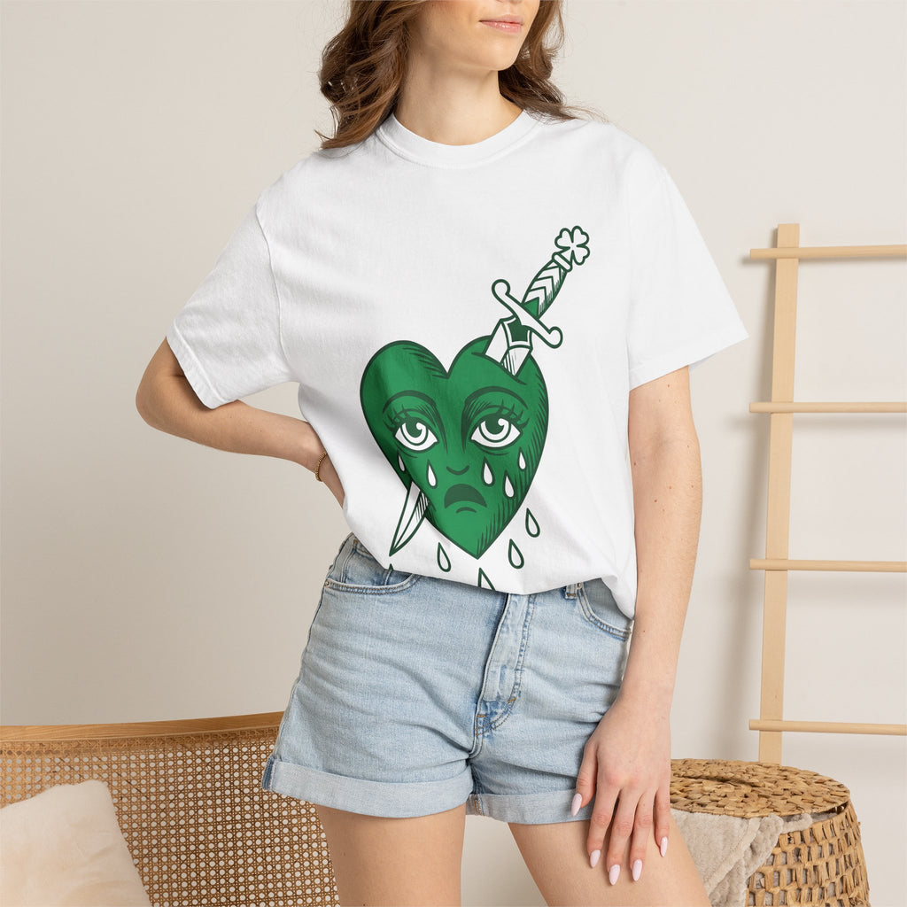 Green Heart Face Shirt St Patricks Day Love Gift Women Tattoo Tee Heart Face T-Shirt Shamrock Fan Tattooed Tshirt Romance Graphic Vintage