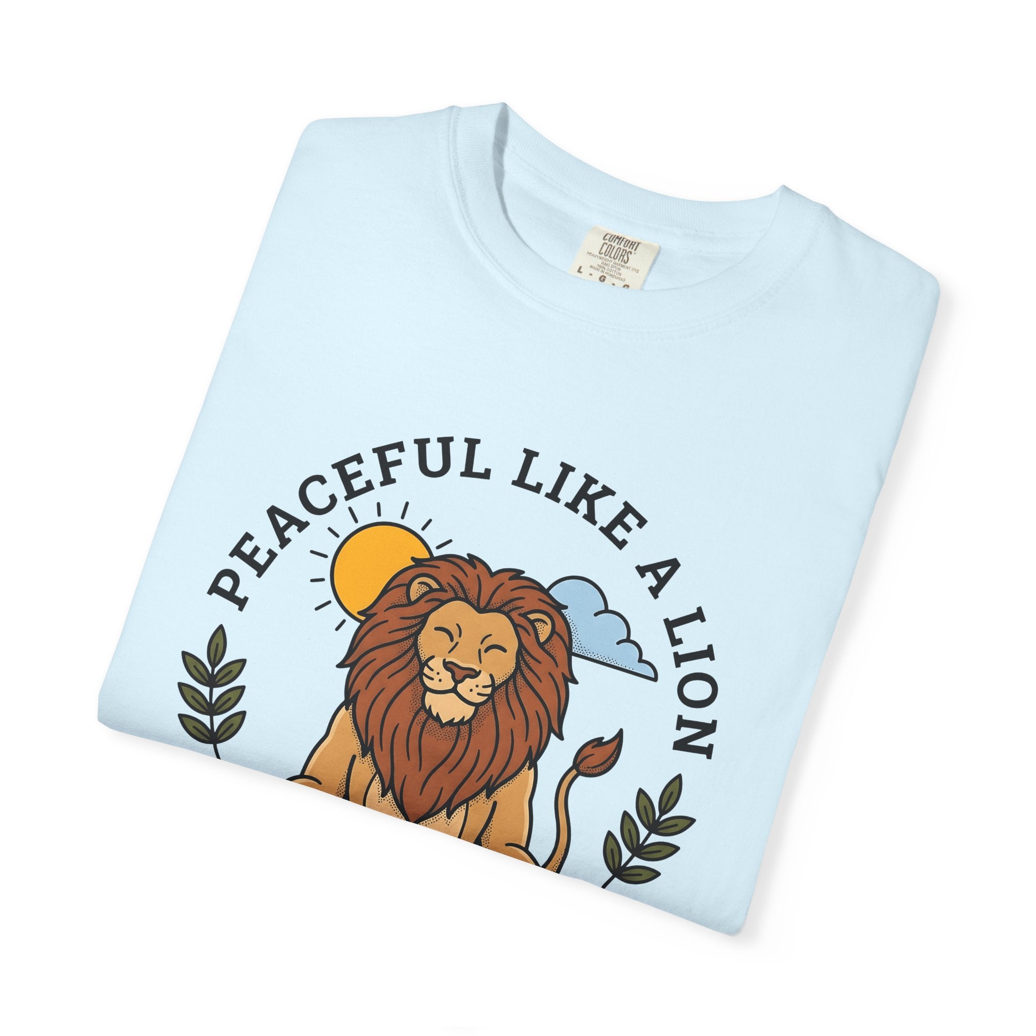 Peaceful Lion Shirt Yoga Wellness Gift Women Animated Tee Lion T-Shirt Yoga Enthusiast Cartoon Tshirt Healthy Graphic Clean Bright Sun