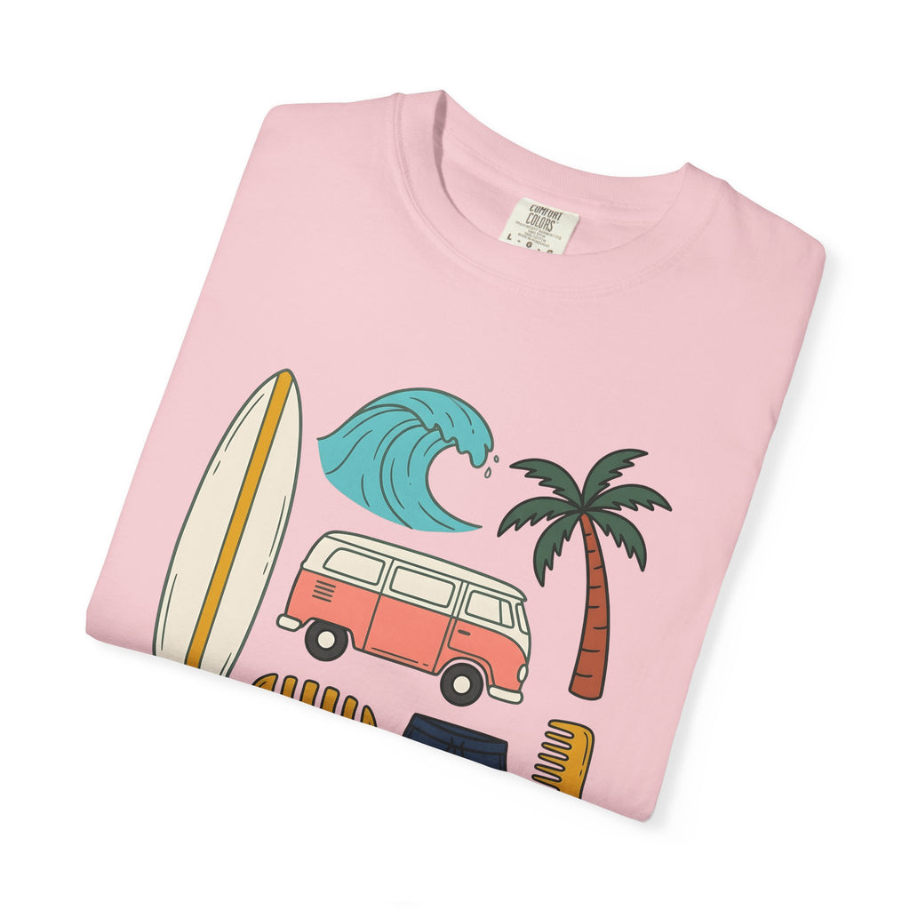 Beach Van Surfboard Shirt Surfing Ocean Gift Women Line Art Tee Camper Van T-Shirt Surfer Enthusiast Illustration Tshirt Sea Graphic Classic