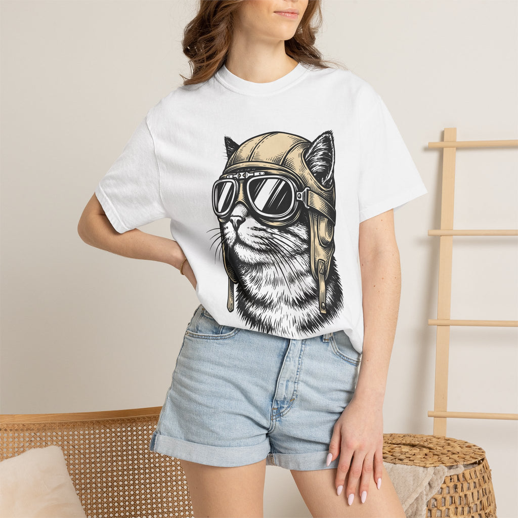 Cat Helmet Shirt Cat Animal Gift Women Hand Drawn Tee Kitty Helmet T-Shirt Cat Fan Feline Tshirt Illustrated Graphic Creature Illustration