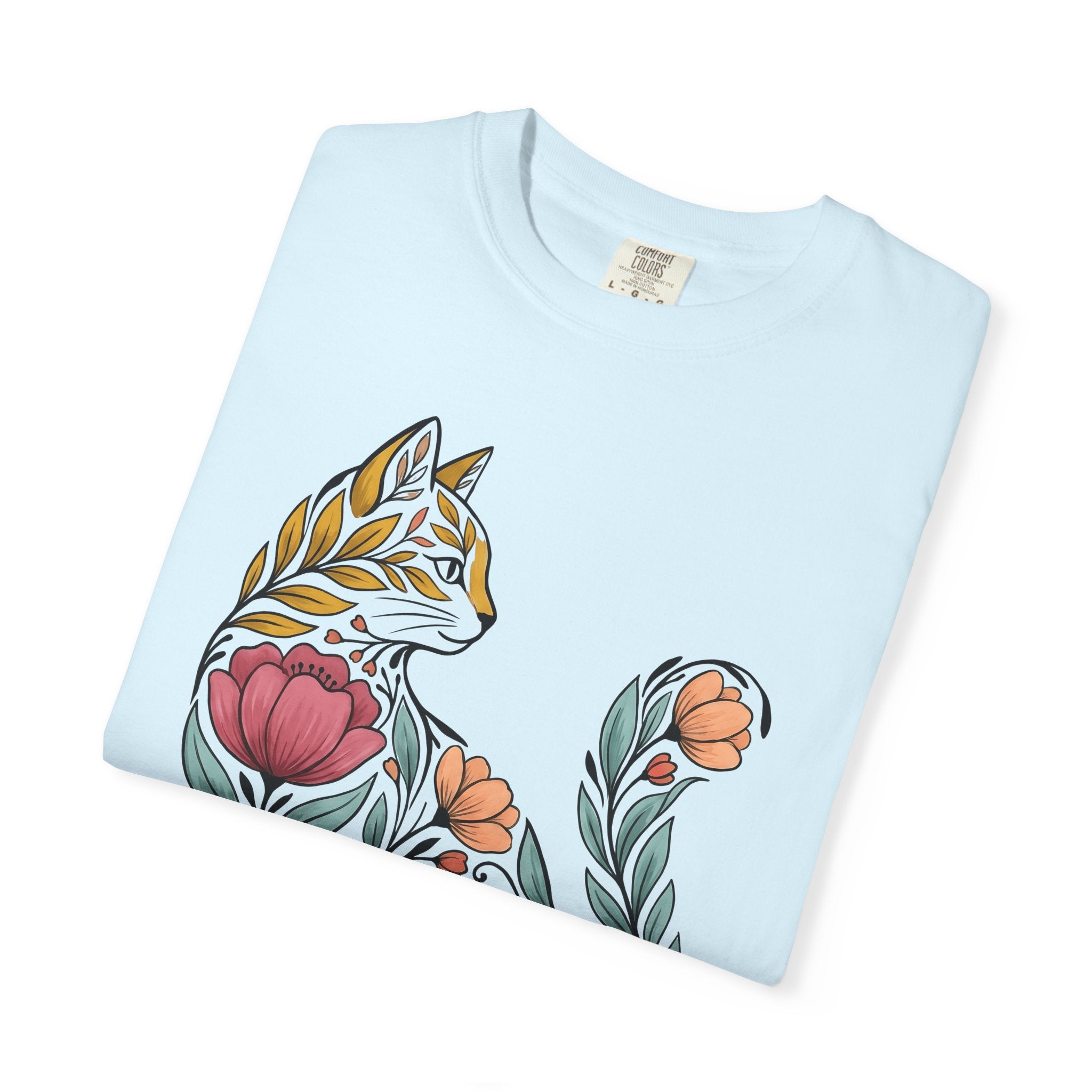 Garden Cat Shirt Valentines Day Fauna Gift Women Vintage Tee Kitty T-Shirt Valentine Fan Retro Tshirt Wildlife Graphic Outline Flower Petals
