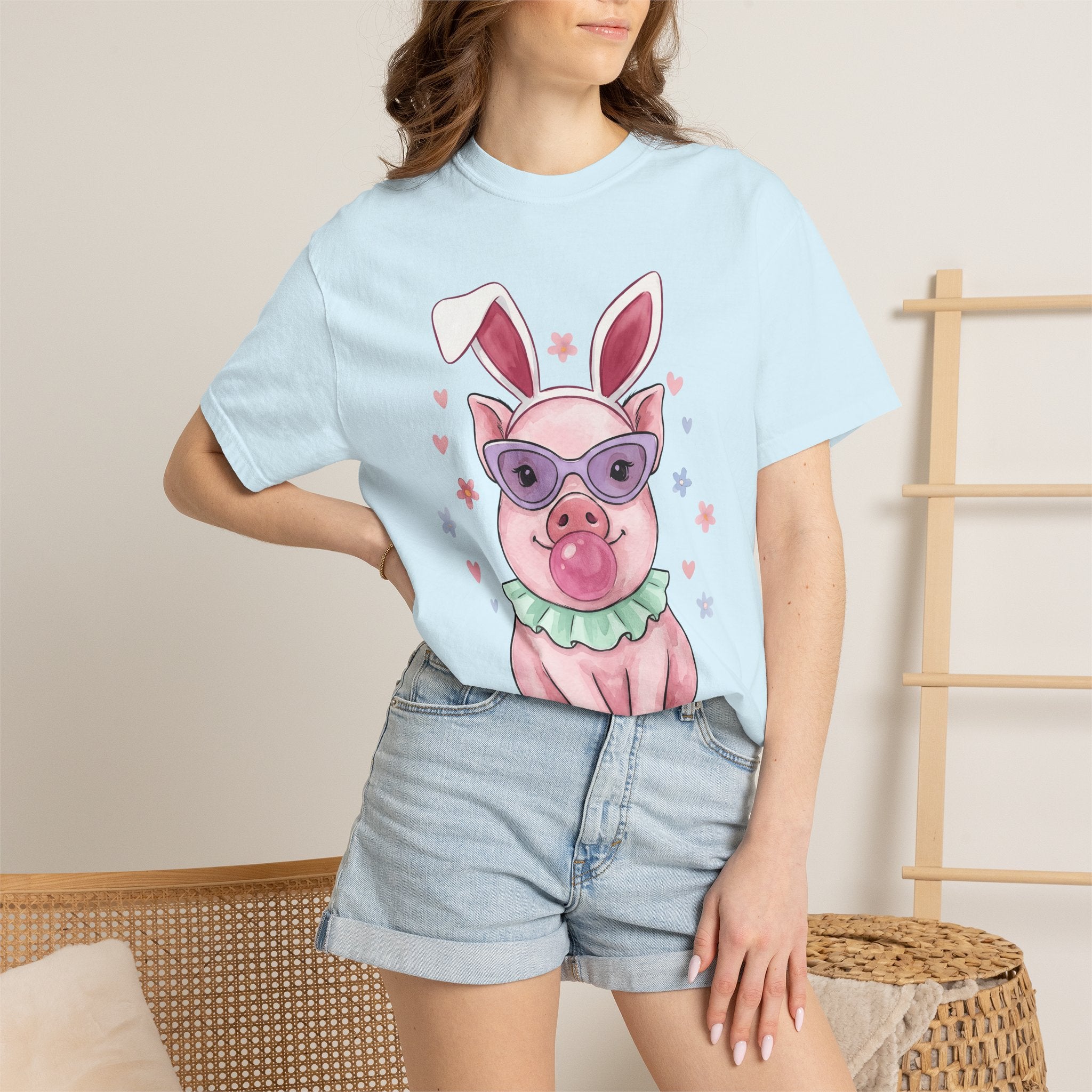 Pig Bunny Ears Shirt Easter Farm Animals Gift Women Hand Drawn Tee Piglet T-Shirt Easter Fan Swine Tshirt Livestock Graphic Line Art