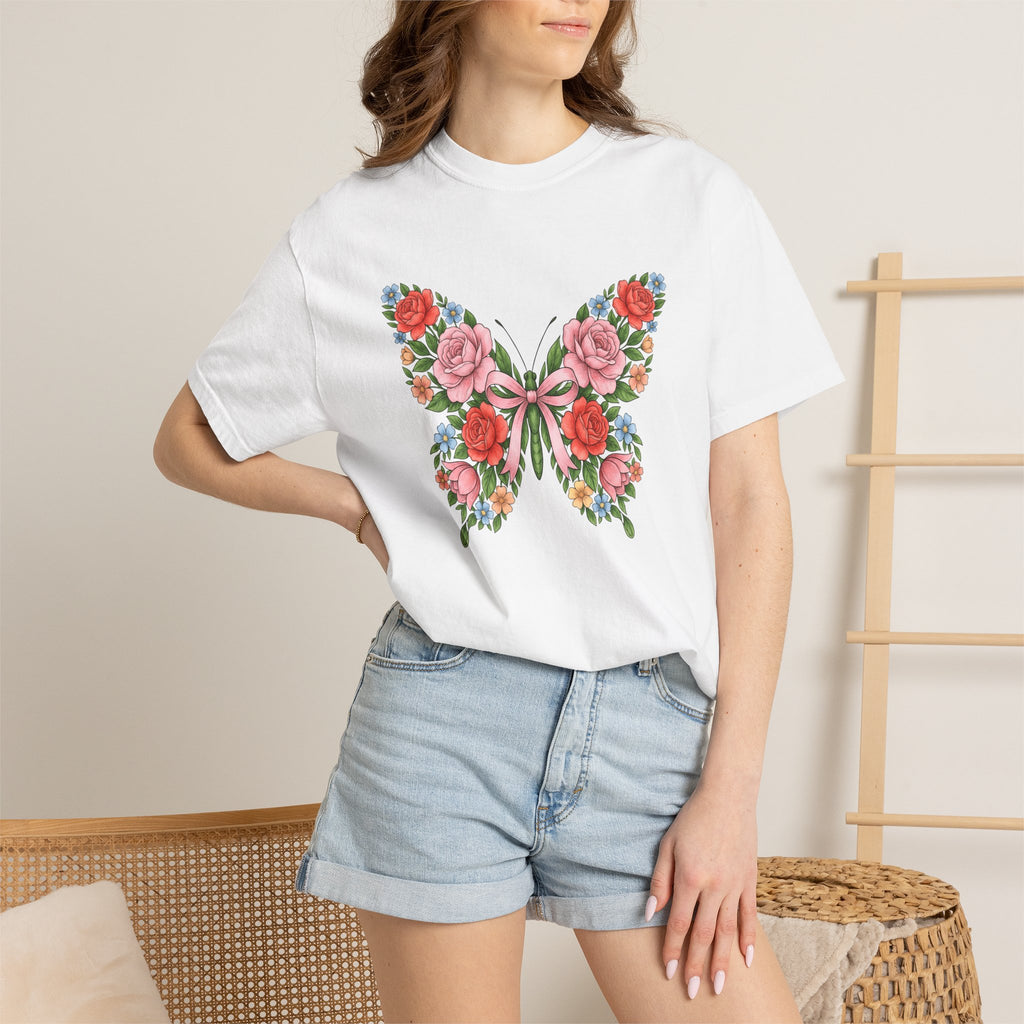 Blossom Butterfly Shirt Easter Nature Gift Women Natural Tee Butterfly T-Shirt Spring Fan Floral Tshirt Organic Graphic Hand Drawn Knot