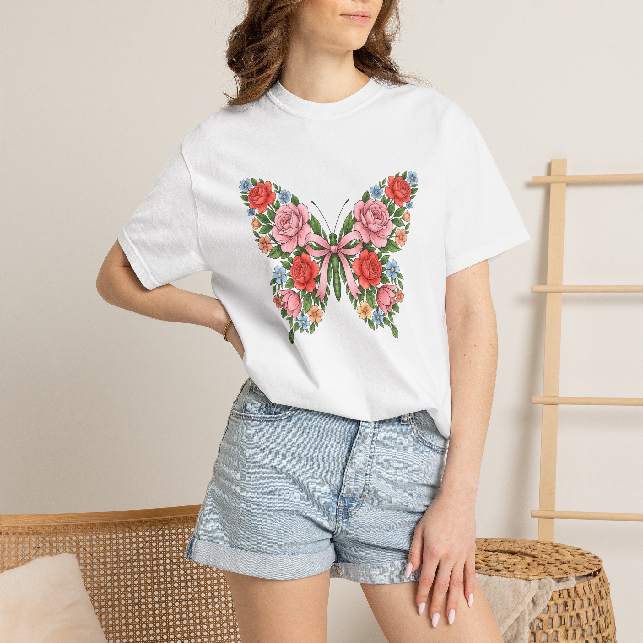 Blossom Butterfly Shirt Easter Nature Gift Women Natural Tee Butterfly T-Shirt Spring Fan Floral Tshirt Organic Graphic Hand Drawn Knot