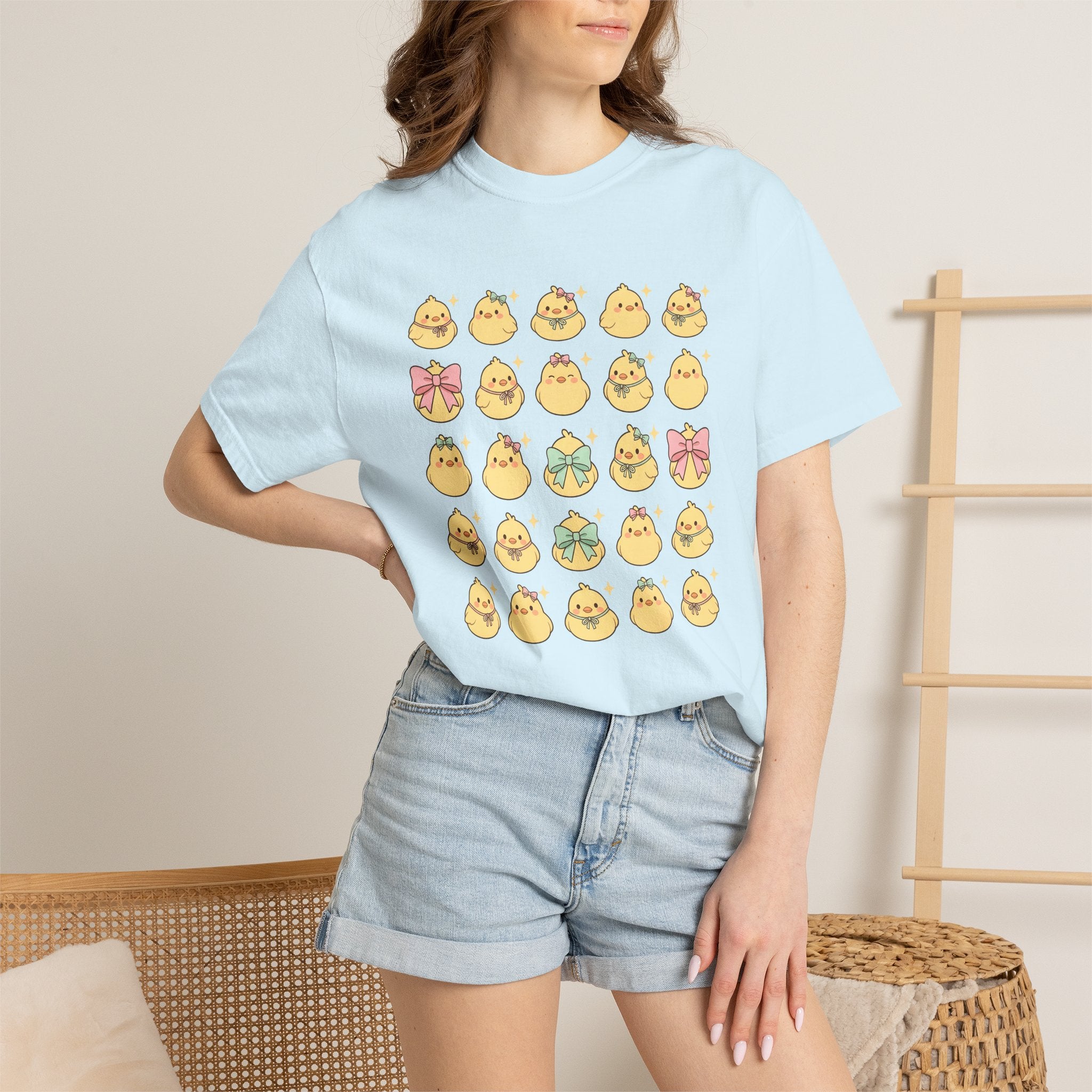 Baby Chick Drawing Shirt Easter Darling Gift Women Playful Tee Chick T-Shirt Easter Fan Cute Tshirt Sweet Graphic Illustrated Pale Bow