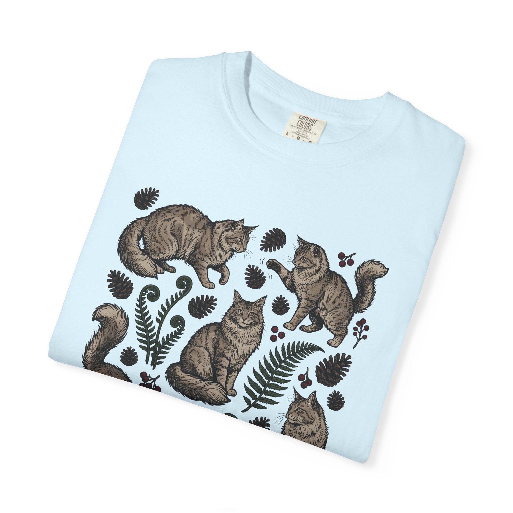 Maine Coon Cats Shirt Cat Wilderness Gift Women Shabby Chic Tee Cat T-Shirt Cat Fan Fancy Tshirt Forest Graphic Fine Line Pinecones Tshirt