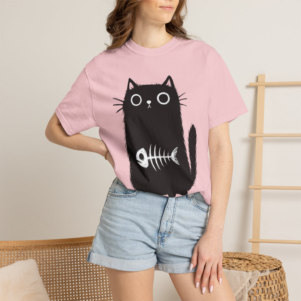 Black Kitten Shirt Cat Alternative Gift Women Hand Drawn Tee Kitten T-Shirt Cat Fan Illustrated Tshirt Punk Graphic Simple Fish Bone Tshirt