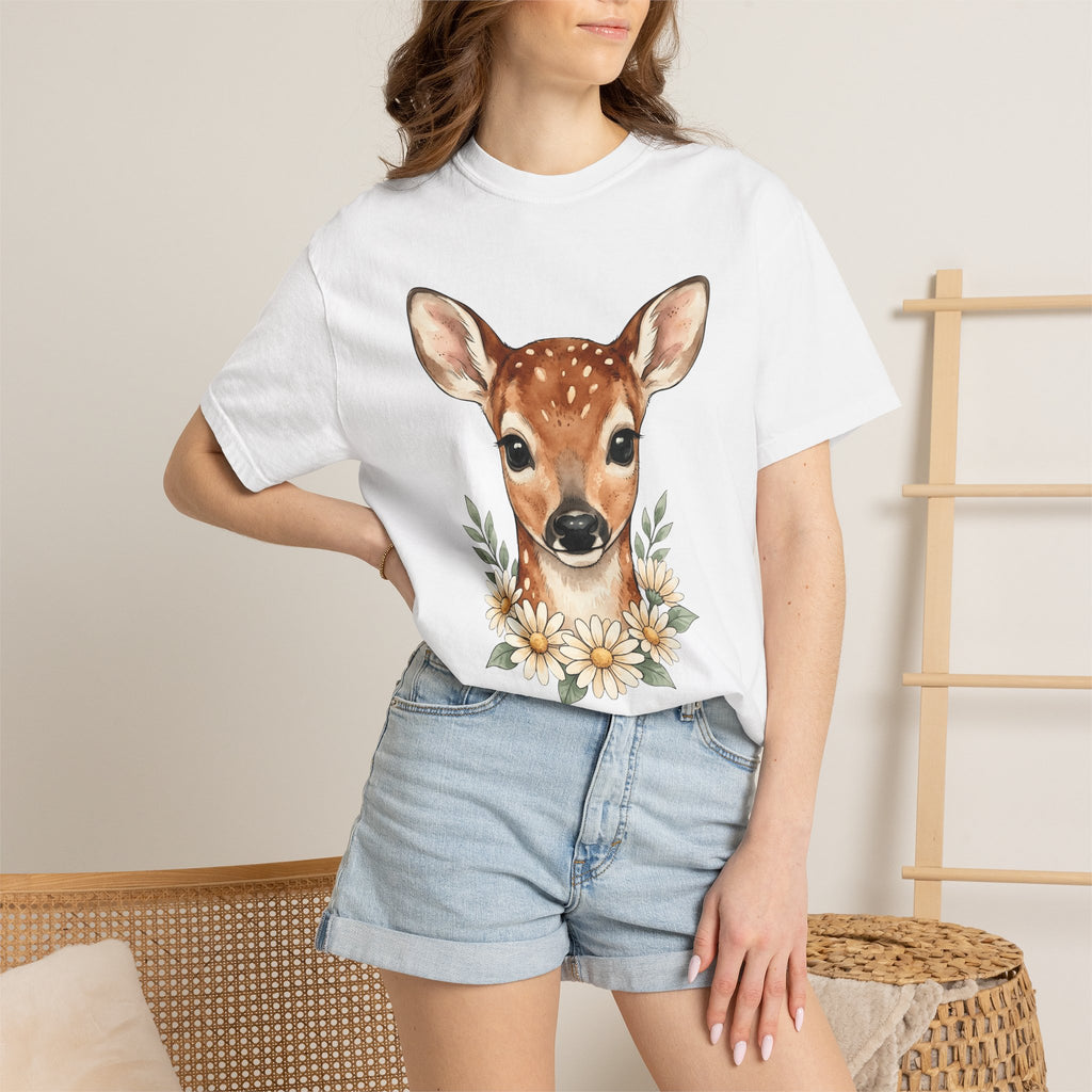 Baby Deer Shirt Easter Floral Gift Women Watercolor Tee Fawn T-Shirt Spring Fan Watercolour Tshirt Botanical Graphic Hand Drawn Daisies