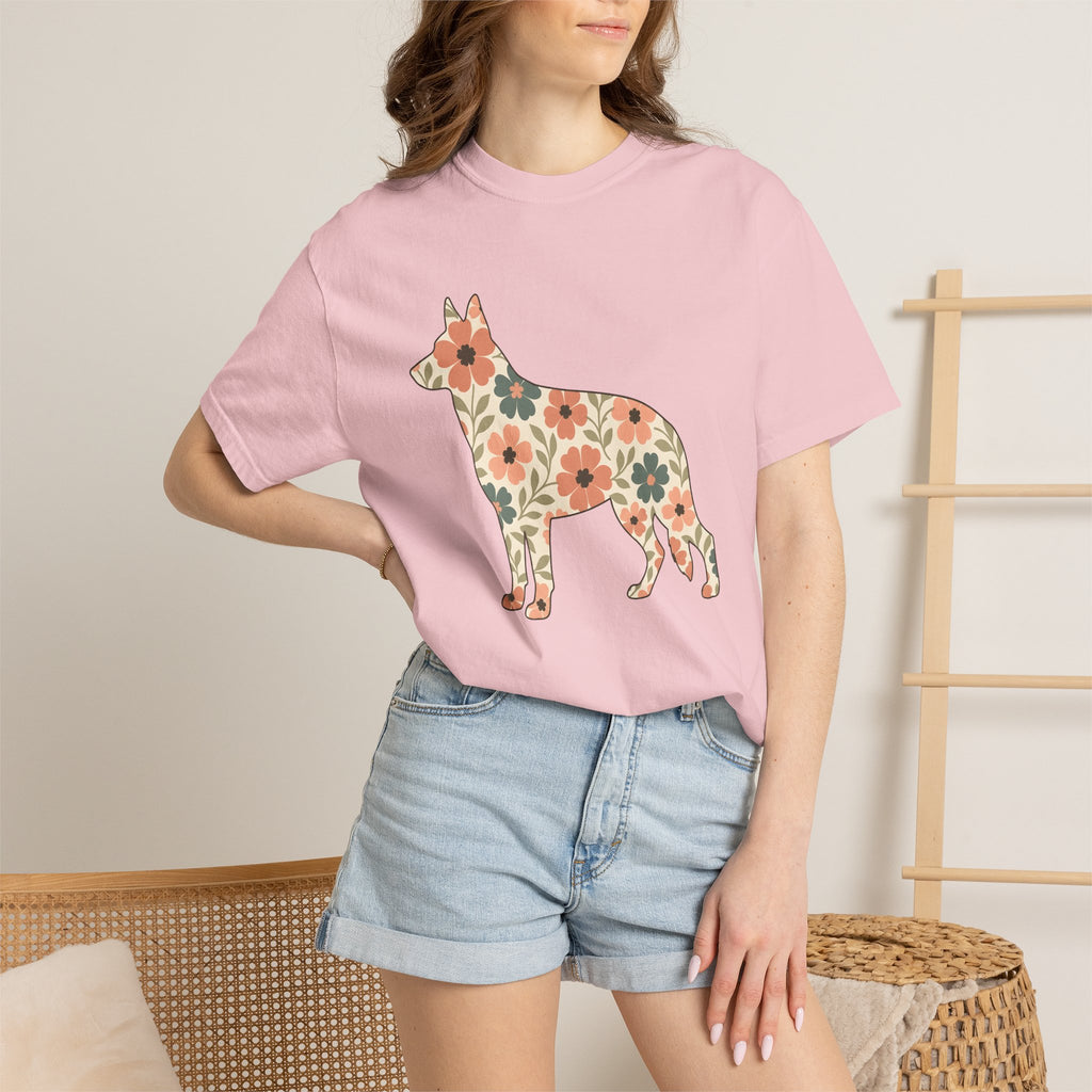 German Shepherd Puppy Shirt Dog Critters Gift Women Flower Art Tee Alsatian T-Shirt Dog Fan Canine Graphic Tshirt Clean Floral Tshirt