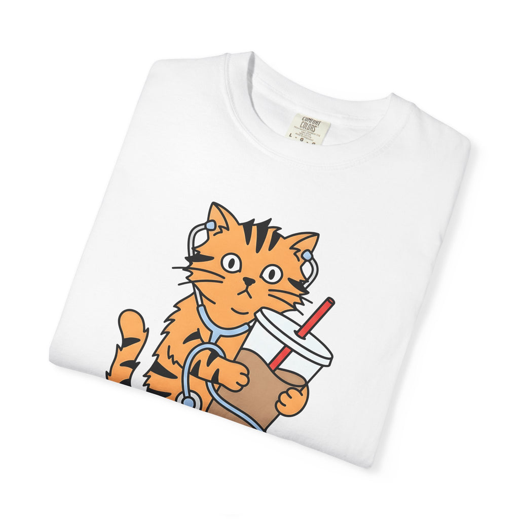 Cat Coffee Shirt Nurse Animal Gift Women Cartoon Tee Feline T-Shirt Healthcare Enthusiast Comic Tshirt Pet Graphic Minimalist Stethoscope