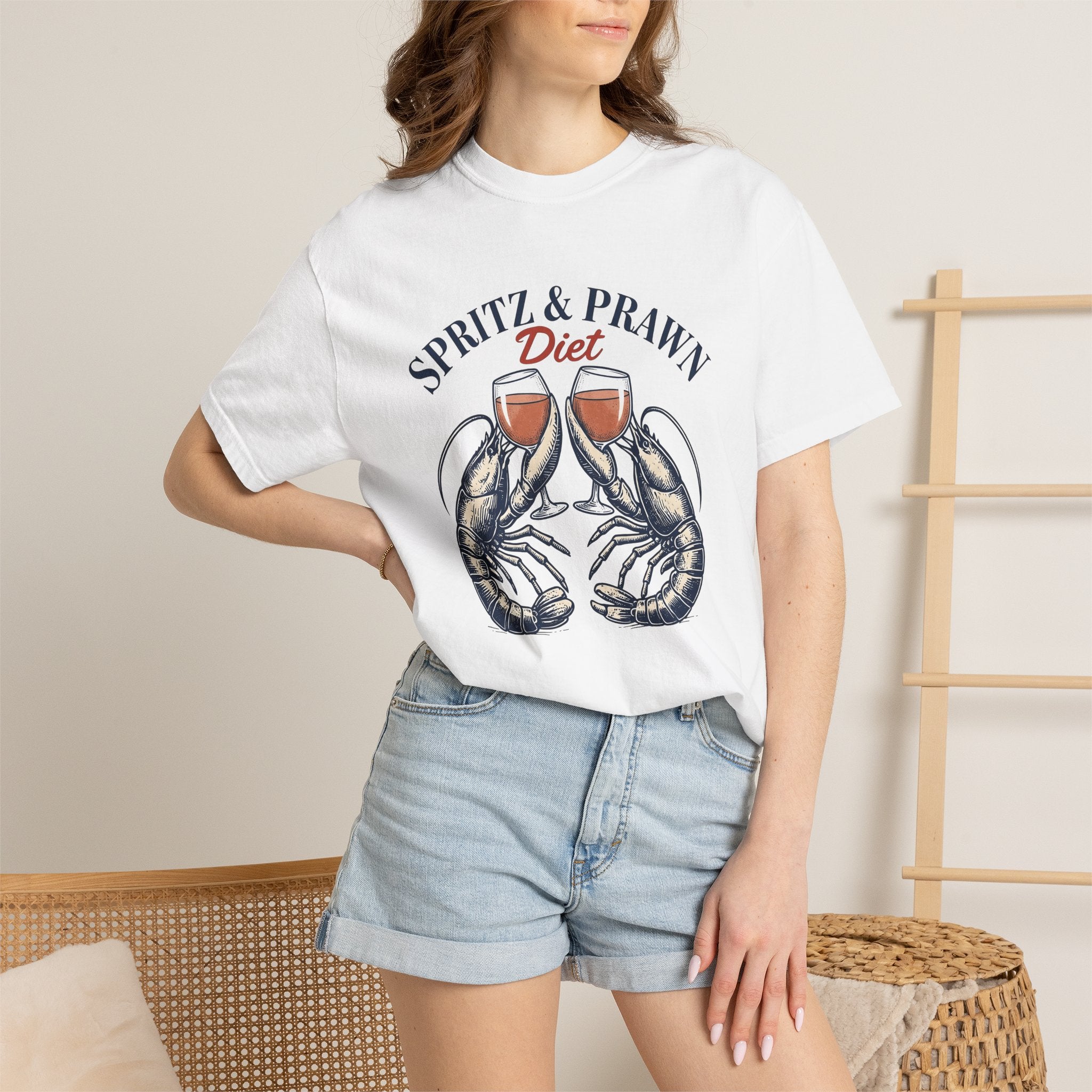 Prawn Wine Glass Shirt Funny Foodie Gift Women Vintage Tee Wineglass T-Shirt Humor Fan Retro Tshirt Gourmet Graphic Hand Drawn Seafood