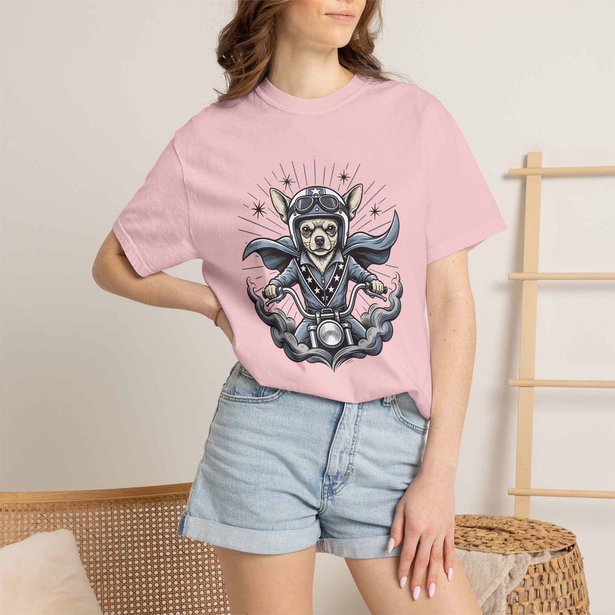 Chihuahua Biker Shirt Dog Motorbike Gift Women Traditional Tee Puppy T-Shirt Dog Fan Classic Tshirt Motorcycle Graphic Hand Drawn Chopper
