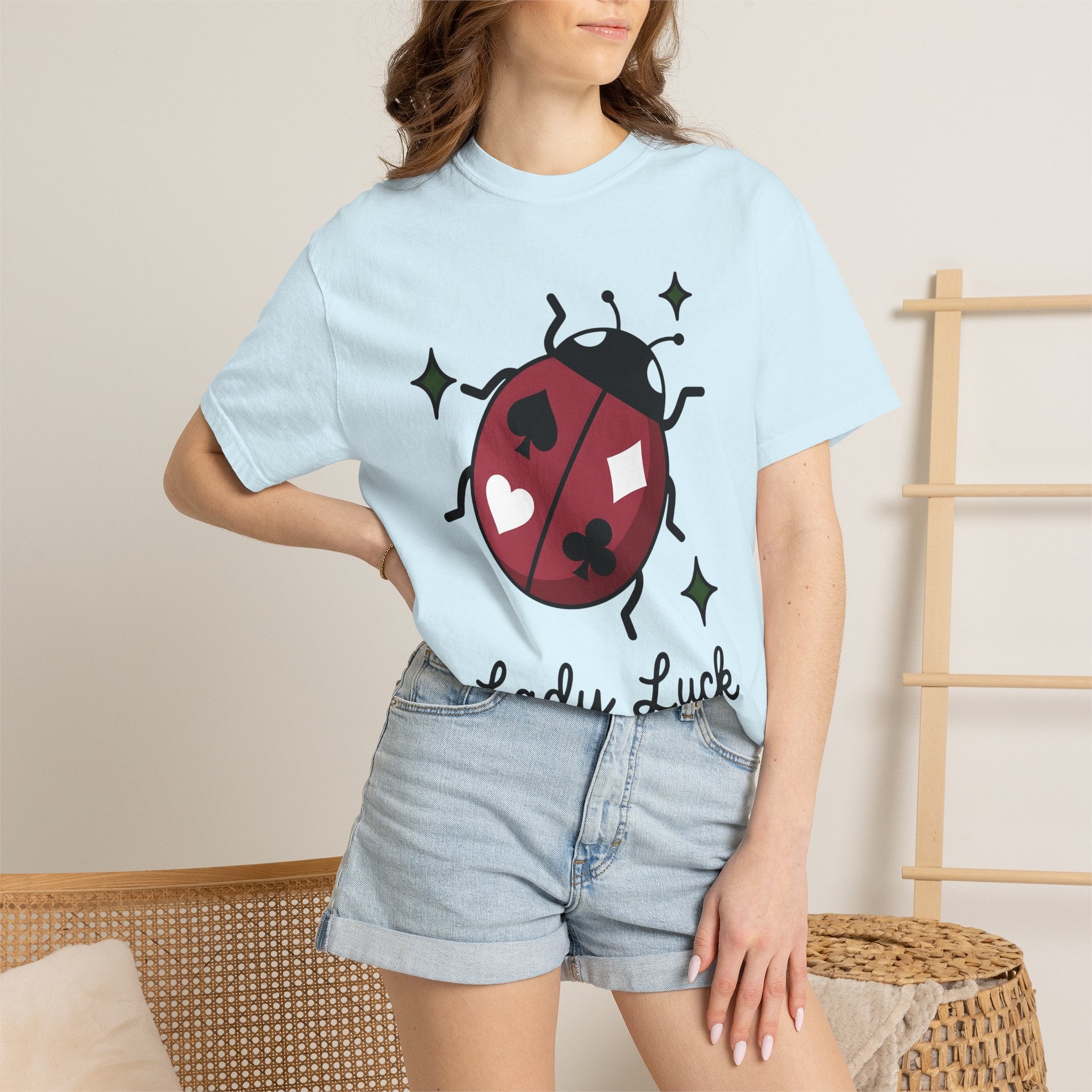 Ladybug Art Shirt Lucky Cards Gift Women Caricature Tee Ladybird T-Shirt Fortune Fan Cartoon Tshirt Playing Card Graphic Sleek Playing Card