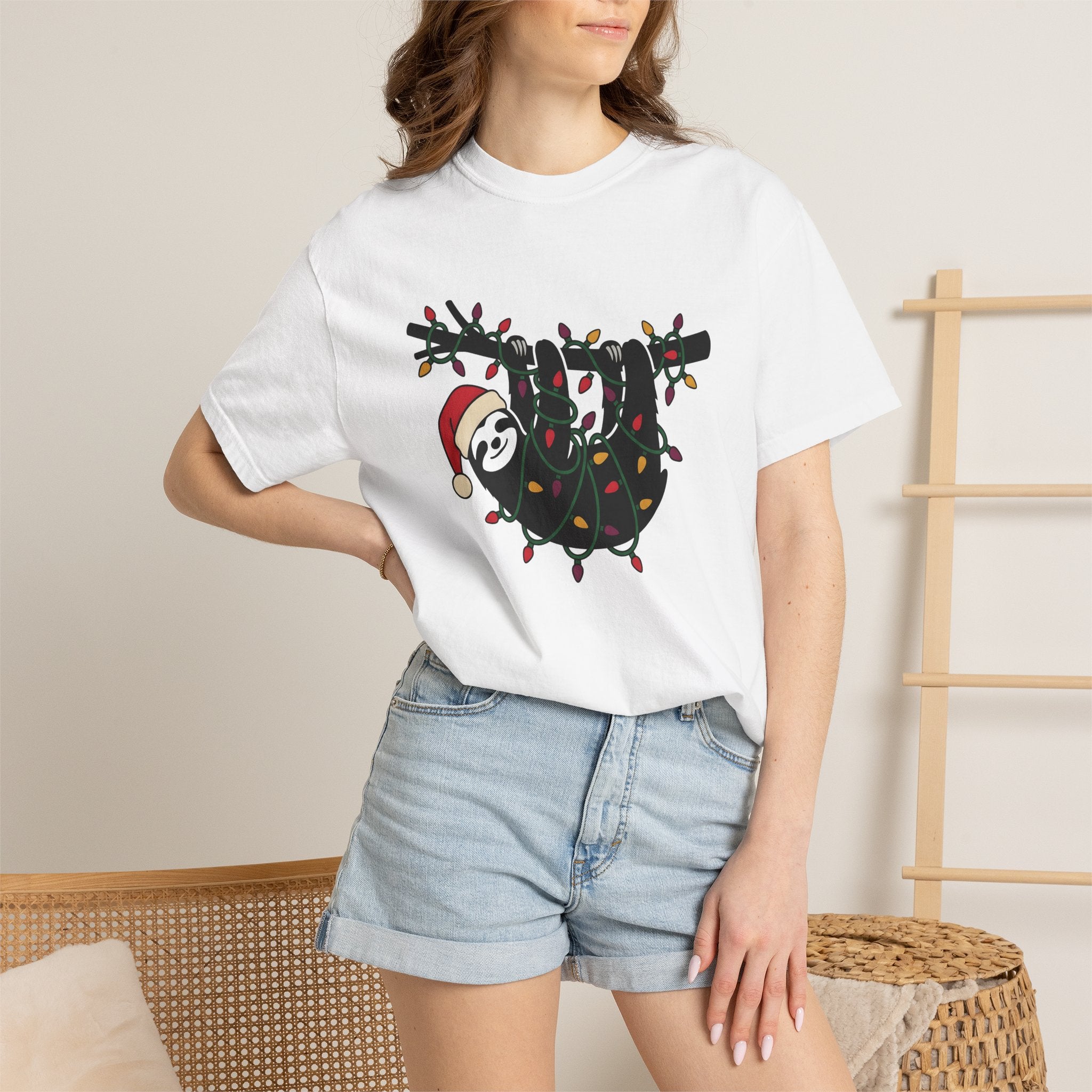 Sloth Xmas Shirt Animals Christmas Gift Women Cute Tee Sloth T-Shirt Wildlife Fan Adorable Tshirt Holiday Graphic Simple Christmas Lights