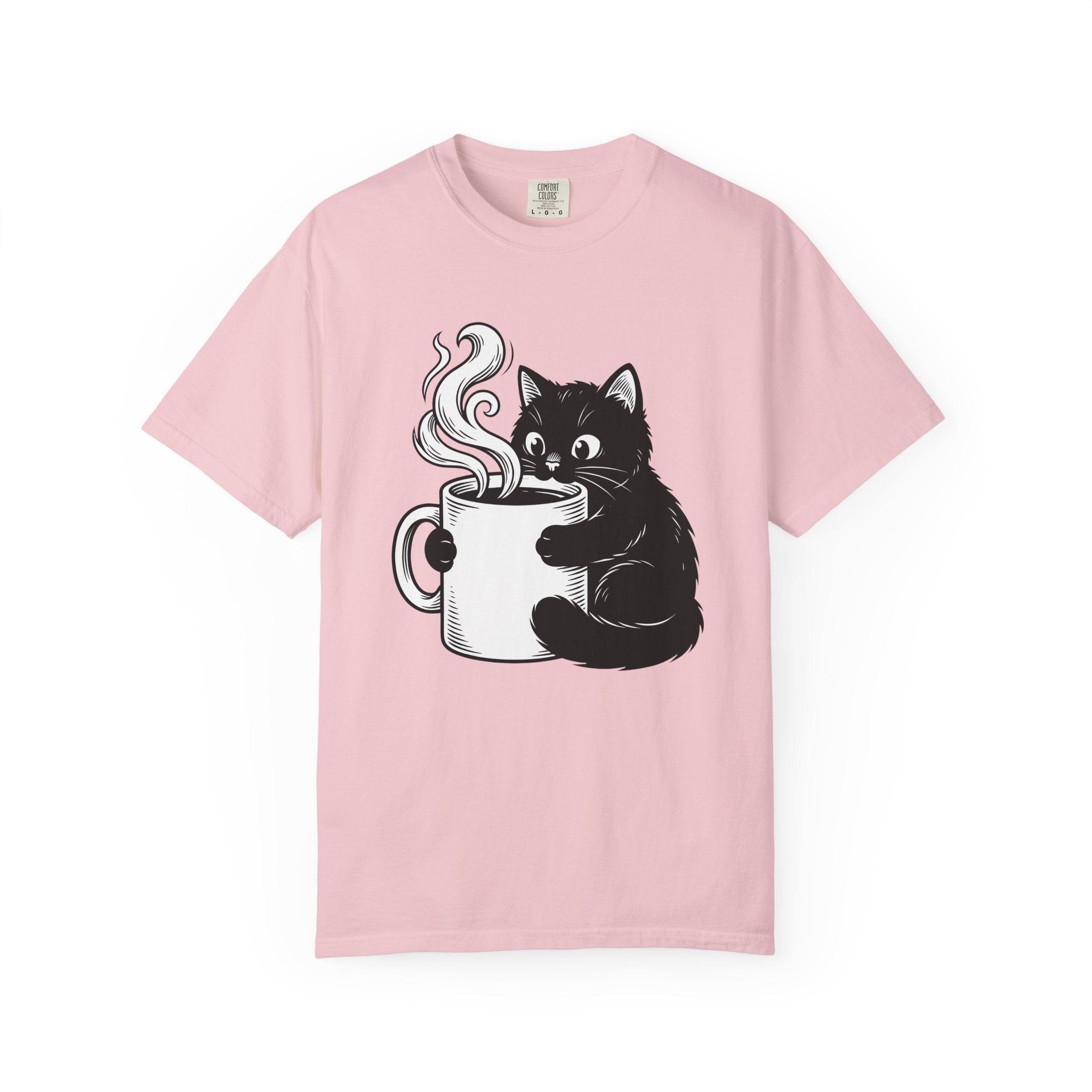 Black Feline Mug Shirt Cat Cappuccino Gift Women Cartoon Tee Cat T-Shirt Cat Fan Kitten Tshirt Coffee Graphic Hand Drawn Hot Steam Tshirt