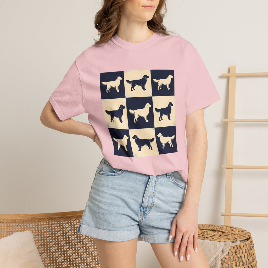 Golden Retriever Motif Shirt Dog Critters Gift Women Line Art Tee Retriever T-Shirt Dog Fan Doggy Tshirt Creature Graphic Old School Grid