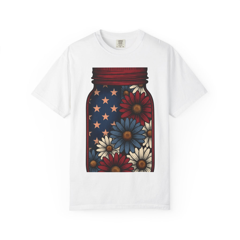 Jar Bouquet Shirt America Freedom Gift Women Old-Fashioned Tee Flower Arrangement T-Shirt Patriot Fan Vintage Tshirt Liberty Graphic Outline