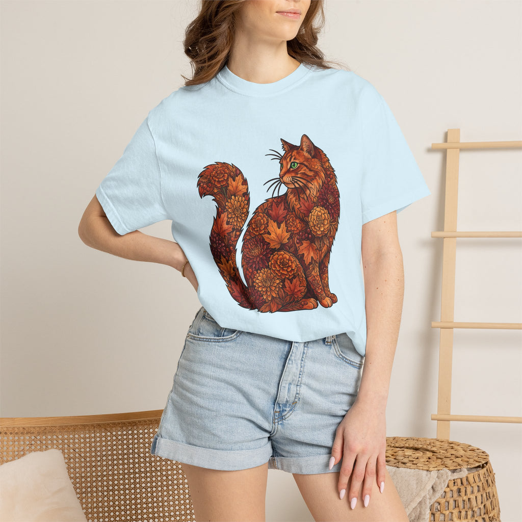 Floral Kitty Shirt Cat Pumpkins Gift Women Free Spirit Tee Cat T-Shirt Cat Fan Boho Tshirt Gourd Graphic Rustic Colorful Leaves Tshirt