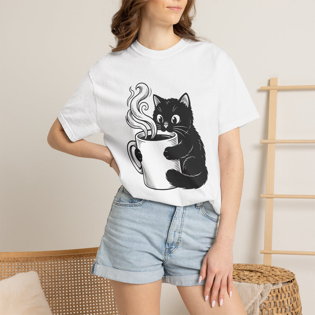 Black Feline Mug Shirt Cat Cappuccino Gift Women Cartoon Tee Cat T-Shirt Cat Fan Kitten Tshirt Coffee Graphic Hand Drawn Hot Steam Tshirt