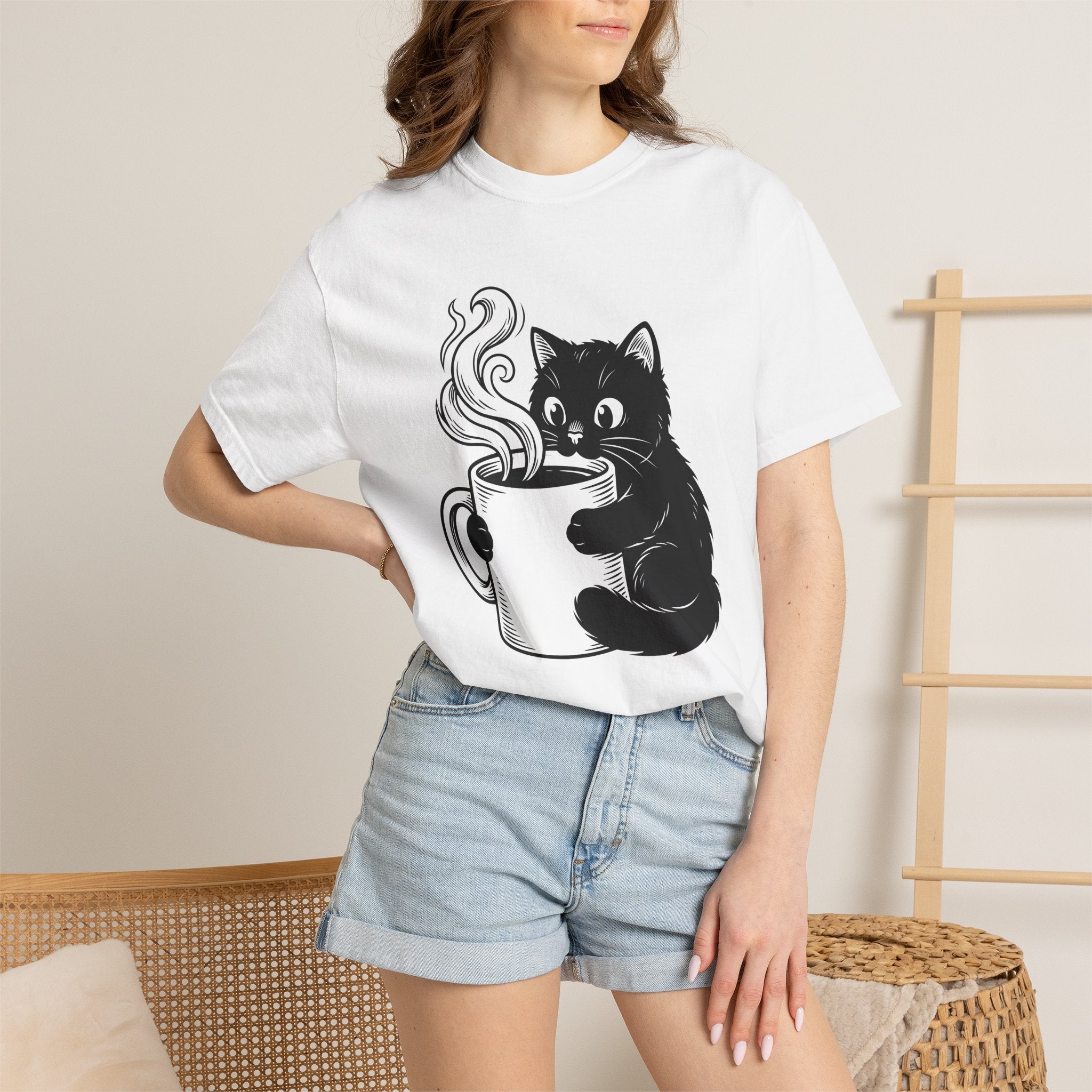 Black Feline Mug Shirt Cat Cappuccino Gift Women Cartoon Tee Cat T-Shirt Cat Fan Kitten Tshirt Coffee Graphic Hand Drawn Hot Steam Tshirt