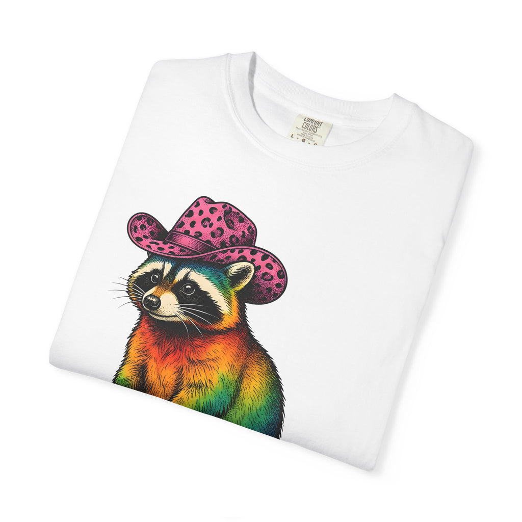 Colorful Raccoon Shirt Cowgirl Wildlife Gift Women Vibrant Graphic Tee Raccoon T-Shirt Cowgirl Fan Animal Graphic Wildlife Illustration