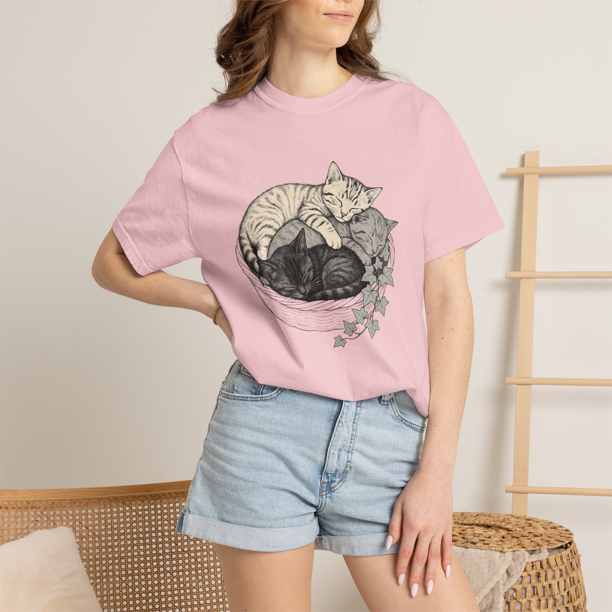 Napping Cats Shirt Cat Wildlife Gift Women Line Art Tee Kittens T-Shirt Cat Fan Feline Tshirt Wildlife Graphic Cartoon Climbing Leaves