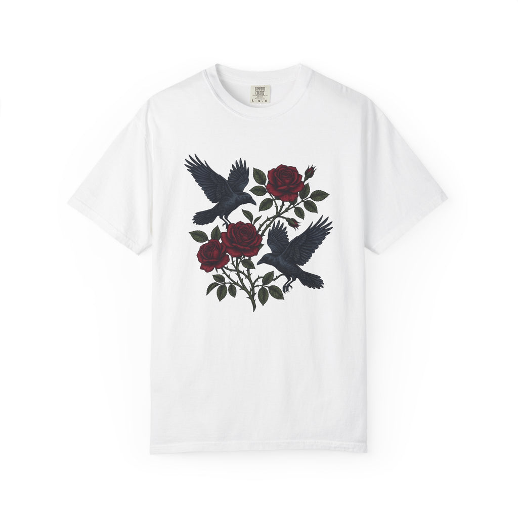 Blackbird Rose Shirt Animals & Flowers Gothic Gift Women Sketch Tee Black Rose T-Shirt Floral Fan Drawing Graphic Dark Old School Branches