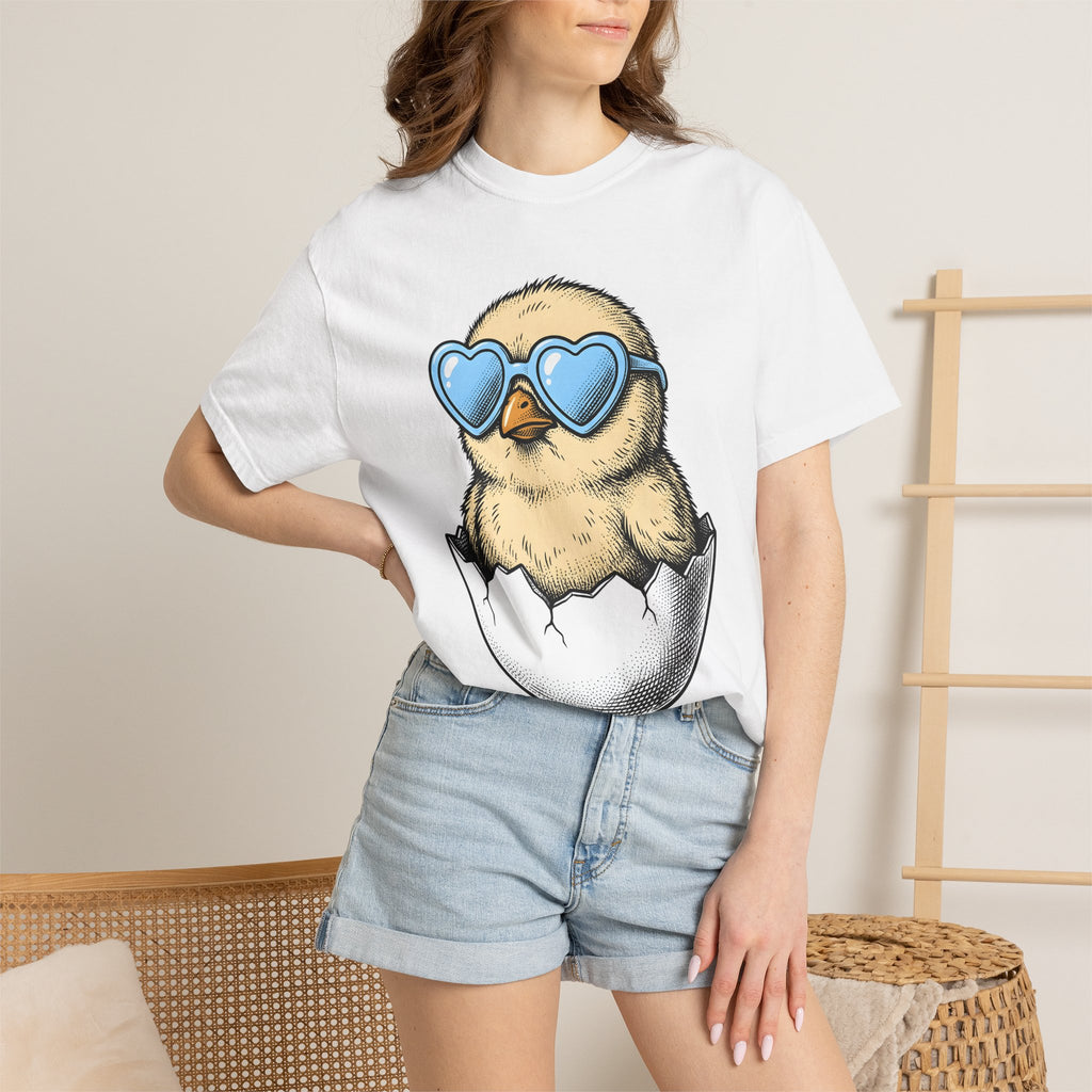 Chick Egg Shirt Easter Spring Gift Women Cartoon Tee Chick T-Shirt Easter Fan Cartoonish Tshirt Floral Graphic Hand Drawn Heart Sunglasses