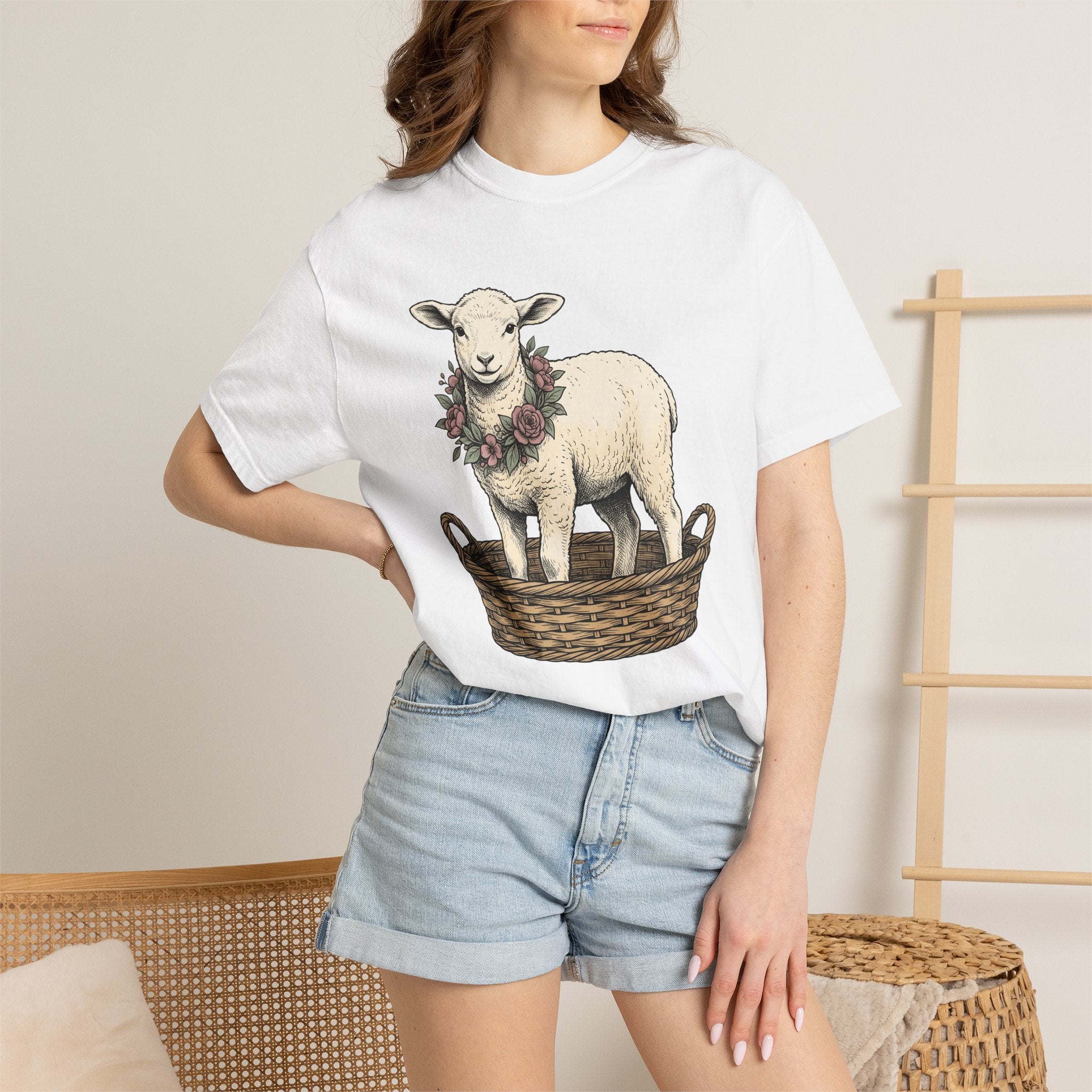 Lamb In Basket Shirt Easter Critter Gift Women Cartoon Tee Baby Lamb T-Shirt Easter Fan Cartoonish Tshirt Creature Graphic Rustic Flower