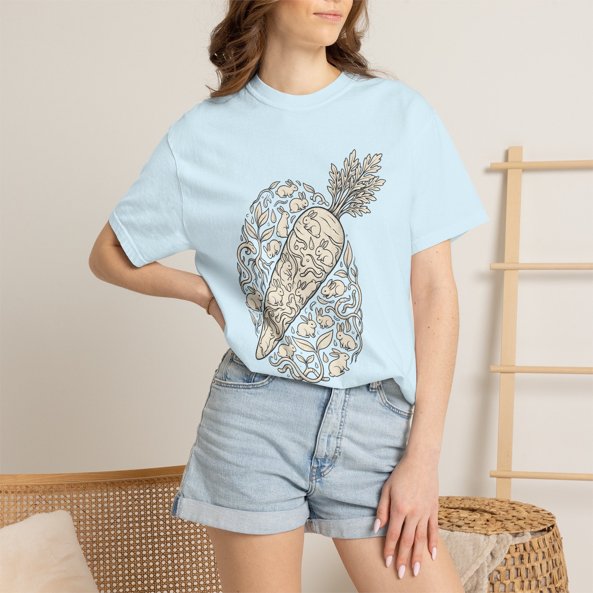 Bunny Vegetable Shirt Easter Pets Gift Women Line Art Tee Rabbit T-Shirt Easter Fan Bunny Tshirt Animal Graphic Cartoon Greenery Tshirt