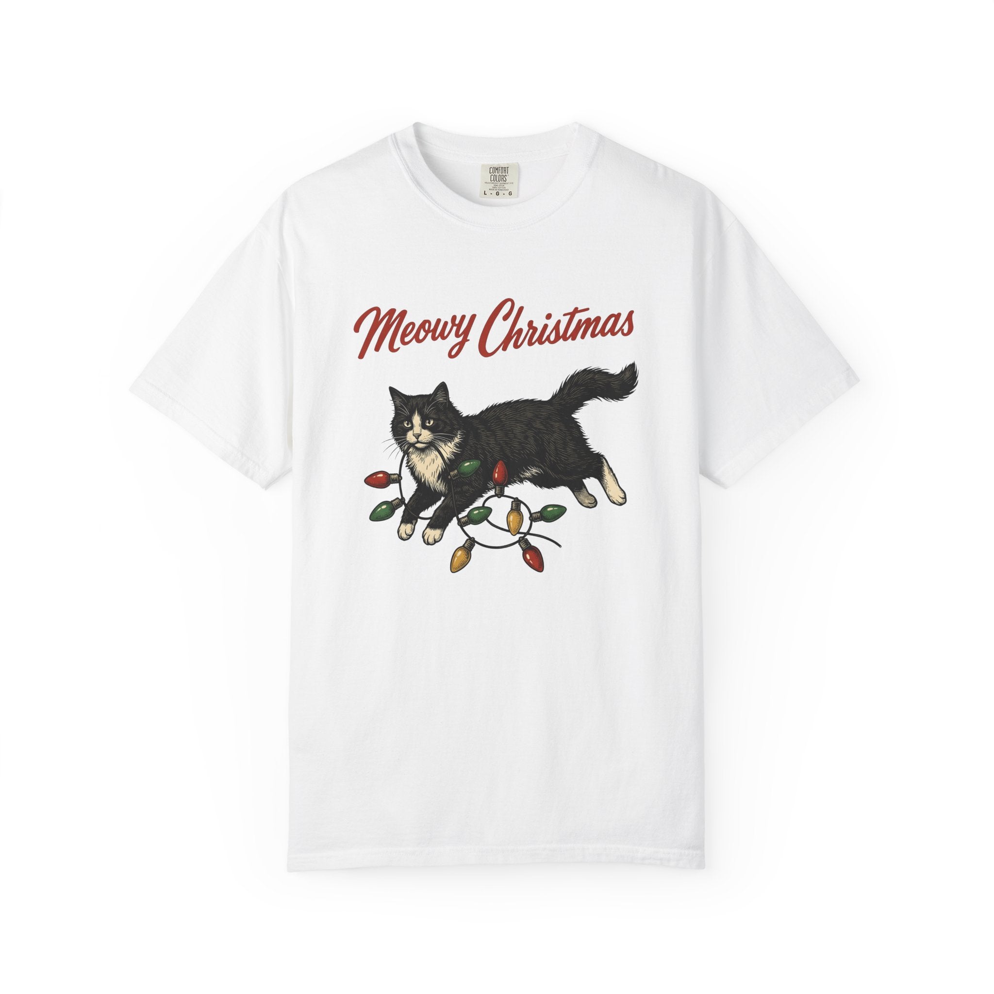 Black Kitty Shirt Christmas Animal Gift Women Sketch Tee Cat T-Shirt Xmas Fan Drawing Graphic Cartoon Festive Lights Tshirt