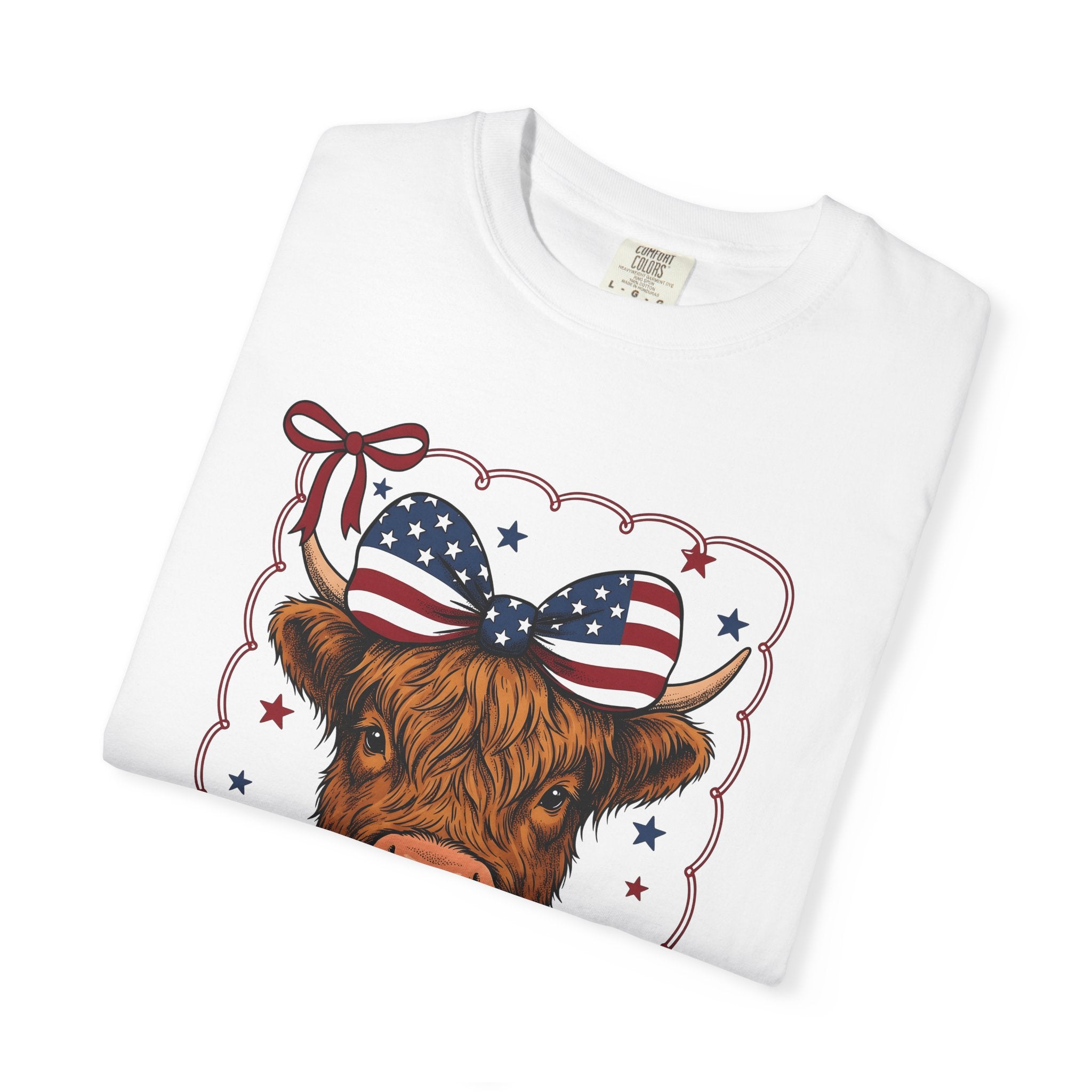 Scottish Cow Shirt America Agriculture Gift Women Retro Tee Highland Cow T-Shirt American Fan Vintage Tshirt Farming Graphic Sketch Flag Bow