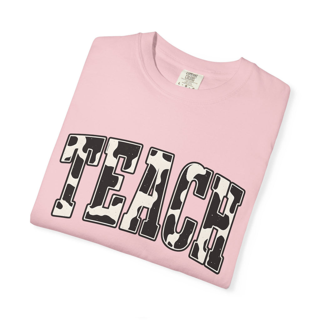Cow Print Text Shirt Teacher Animal Gift Women Bold Tee Typography T-Shirt Educator Enthusiast Graphic Design Wildlife Graphic Retro Animal