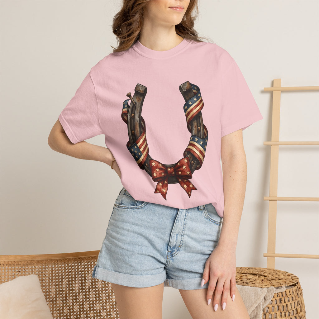 Horseshoe Flag Shirt America Patriotic Gift Women Rustic Tee Horseshoe T-Shirt American Fan Distressed Tshirt Star Graphic Vintage Bow