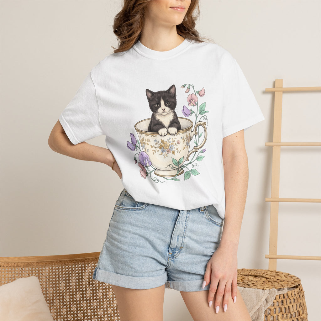 Cat Teacup Shirt Cat Leaves Gift Women Floral Design Tee Kitty T-Shirt Feline Fan Floral Tshirt Foliage Graphic Shabby Chic Petals Tshirt