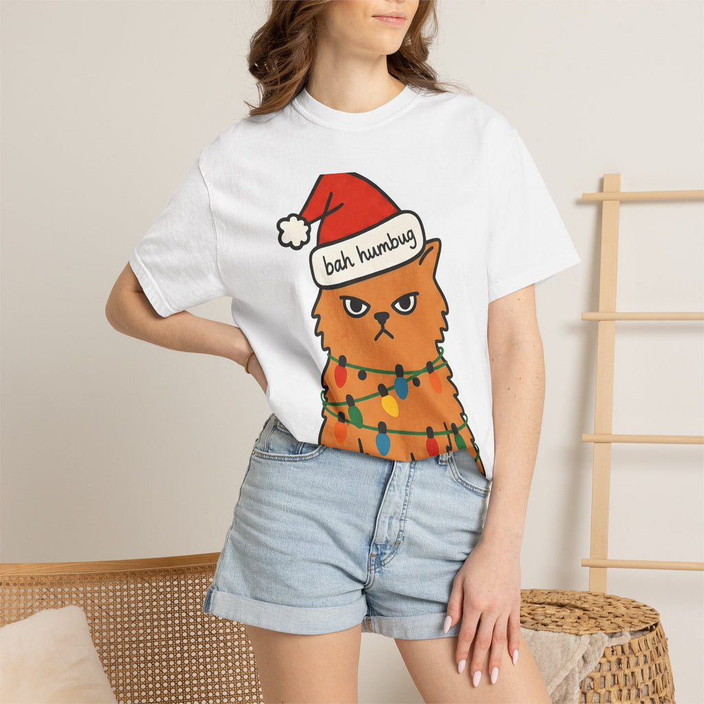 Annoyed Cat Shirt Christmas Comedy Gift Women Illustration Tee Kitty T-Shirt Xmas Fan Feline Tshirt Humor Graphic Sketch Festive Lights