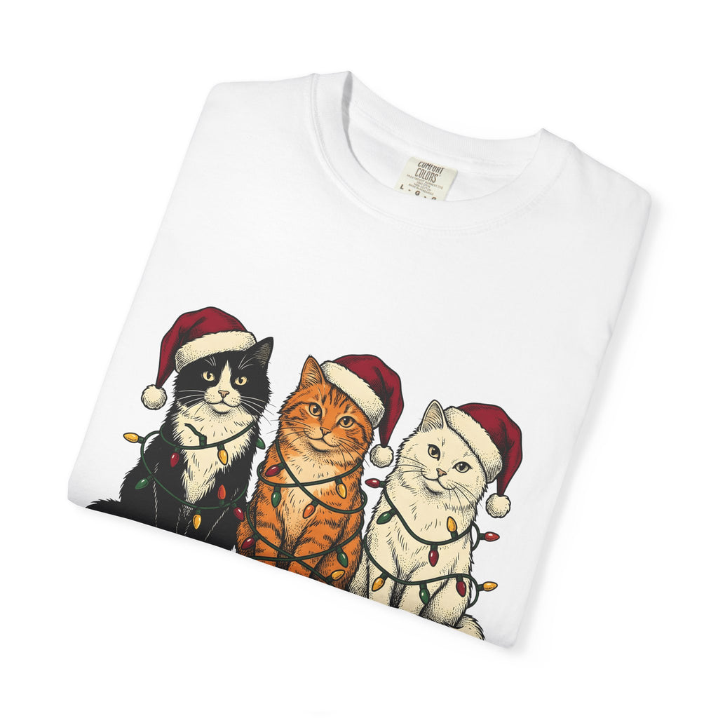 Cat Group Shirt Christmas Animals Gift Women Sketch Tee Kittens T-Shirt Xmas Fan Feline Tshirt Creature Graphic Retro Holiday Lights Tshirt
