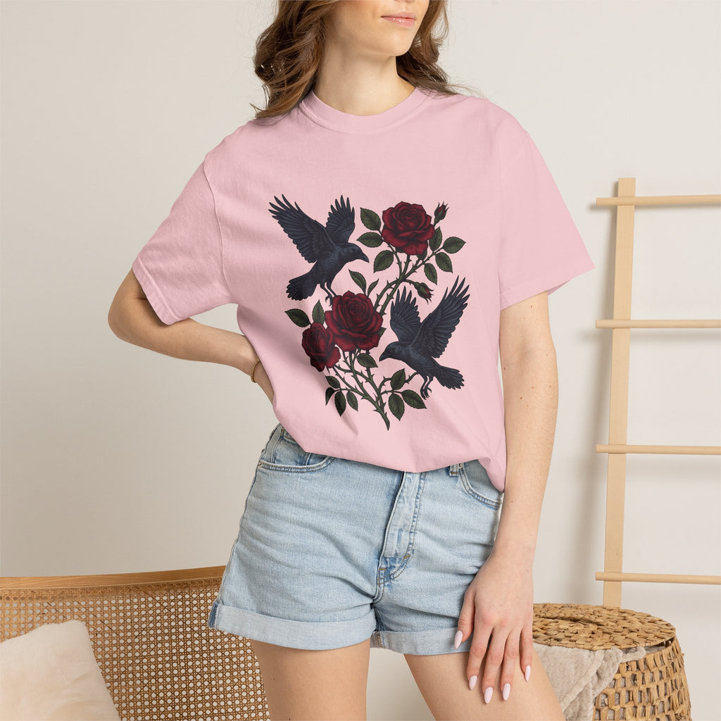 Blackbird Rose Shirt Animals & Flowers Gothic Gift Women Sketch Tee Black Rose T-Shirt Floral Fan Drawing Graphic Dark Old School Branches