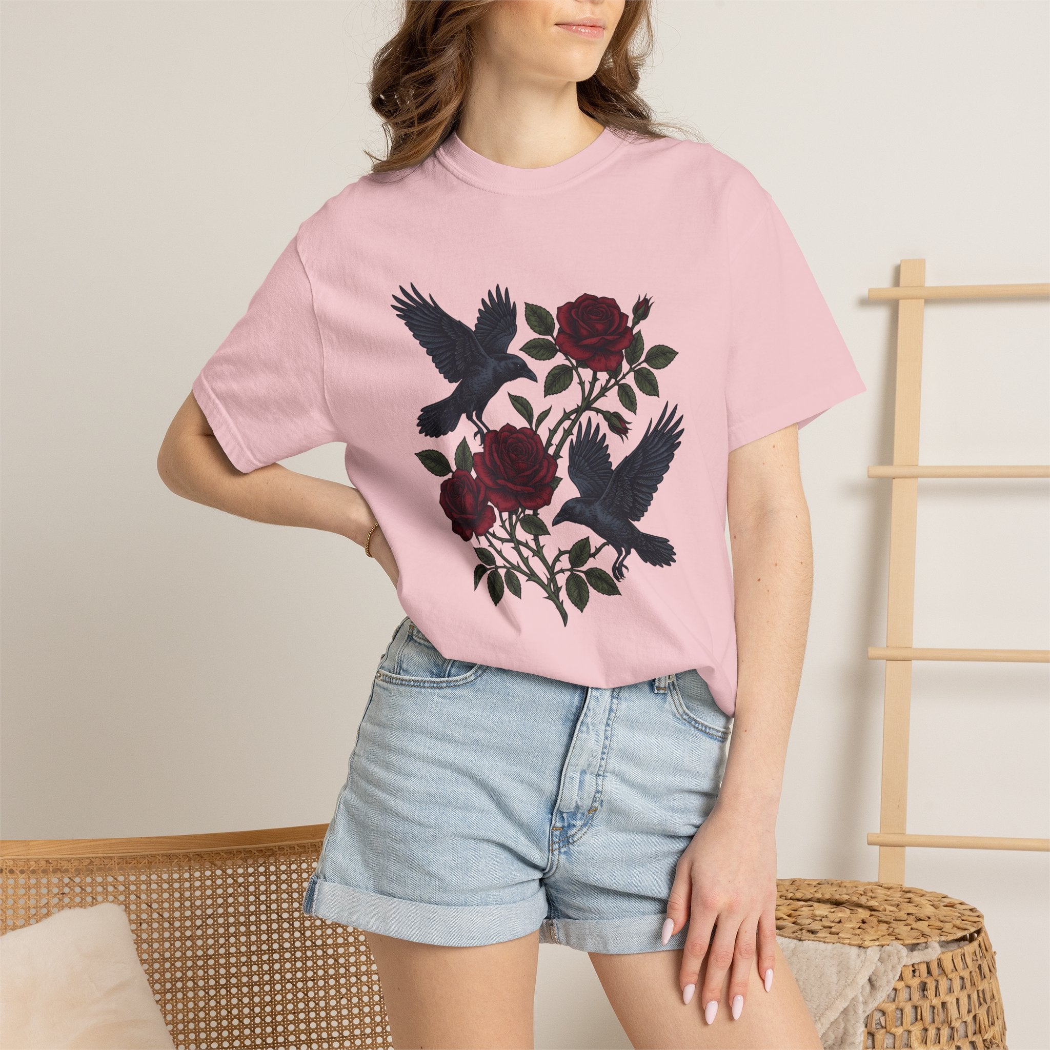 Blackbird Rose Shirt Animals & Flowers Gothic Gift Women Sketch Tee Black Rose T-Shirt Floral Fan Drawing Graphic Dark Old School Branches