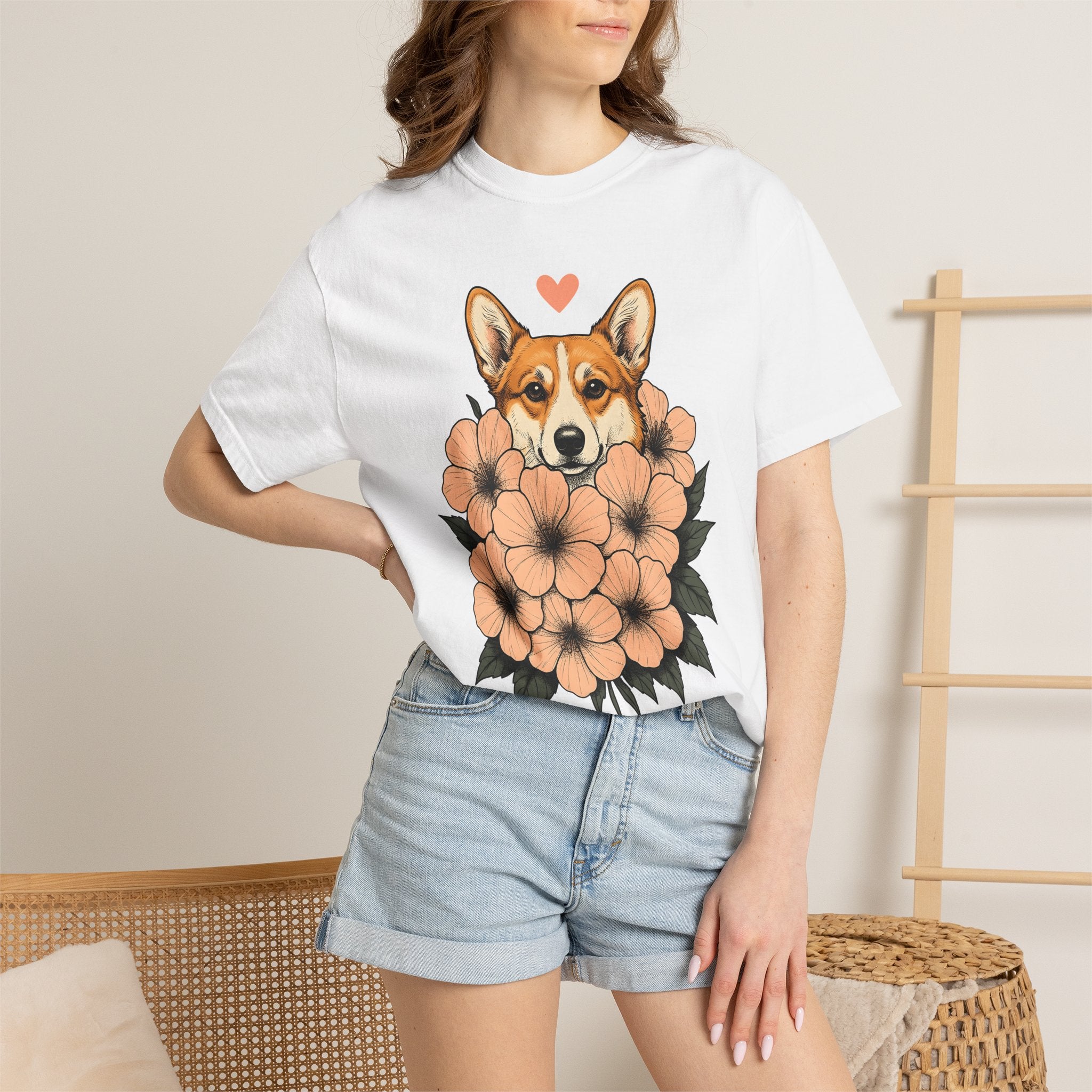 Corgi Pet Shirt Dog Plants Gift Women Line Art Tee Puppy T-Shirt Dog Fan Minimalist Tshirt Botanical Graphic Rustic Garden Flowers Tshirt