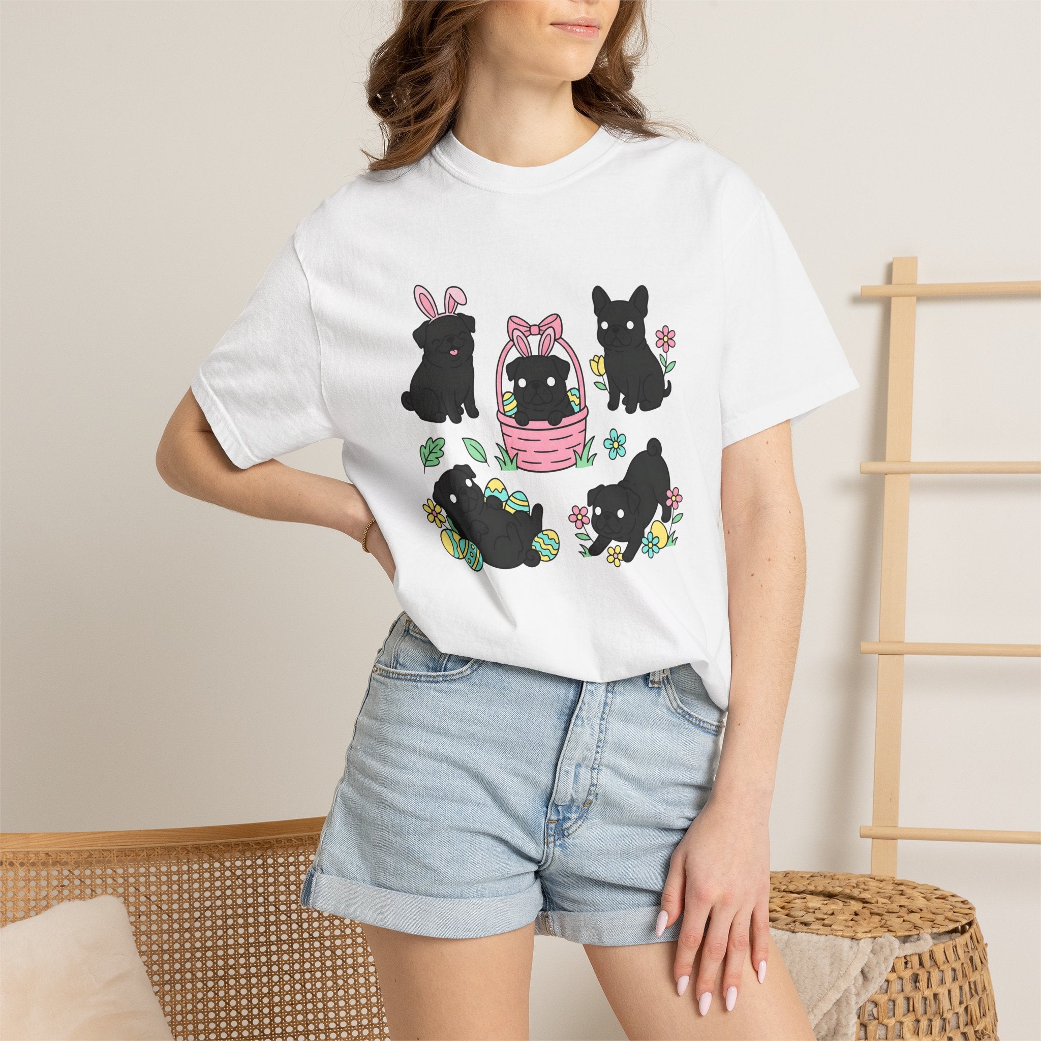 Pug Puppy Shirt Easter Pets Gift Women Adorable Tee Pugs T-Shirt Easter Fan Cute Tshirt Animal Graphic Cartoon Easter Eggs Tshirt