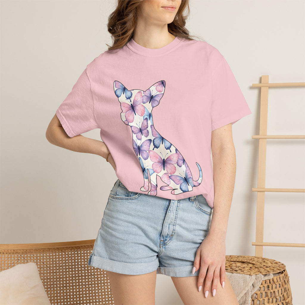 Chihuahua Butterfly Design Shirt Dog Fauna Gift Women Illustration Tee Puppy T-Shirt Dog Fan Illustrated Tshirt Wildlife Graphic Clean