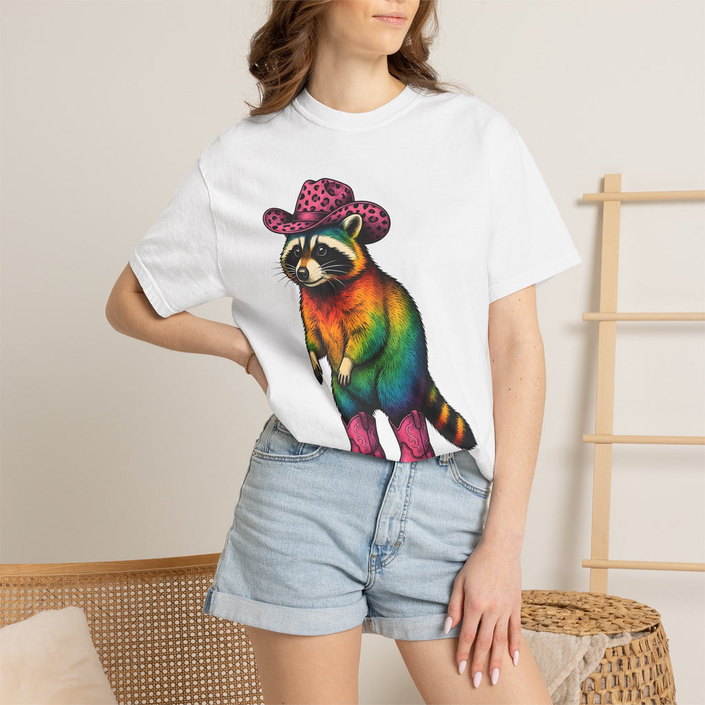 Colorful Raccoon Shirt Cowgirl Wildlife Gift Women Vibrant Graphic Tee Raccoon T-Shirt Cowgirl Fan Animal Graphic Wildlife Illustration