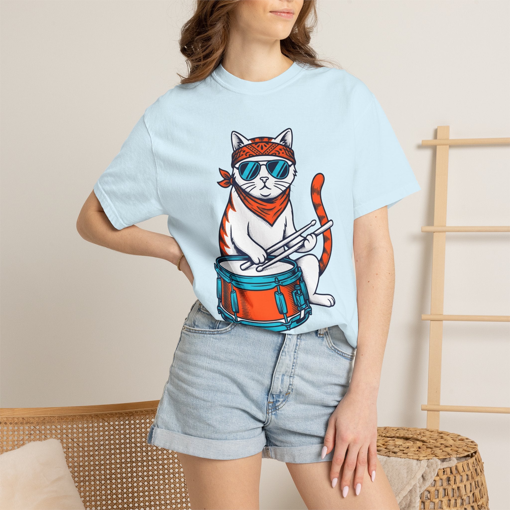 Drummer Kitten Shirt Cat Instruments Gift Women Comic Tee Drummer T-Shirt Cat Fan Cartoon Tshirt Musical Instrument Graphic Vintage Shades