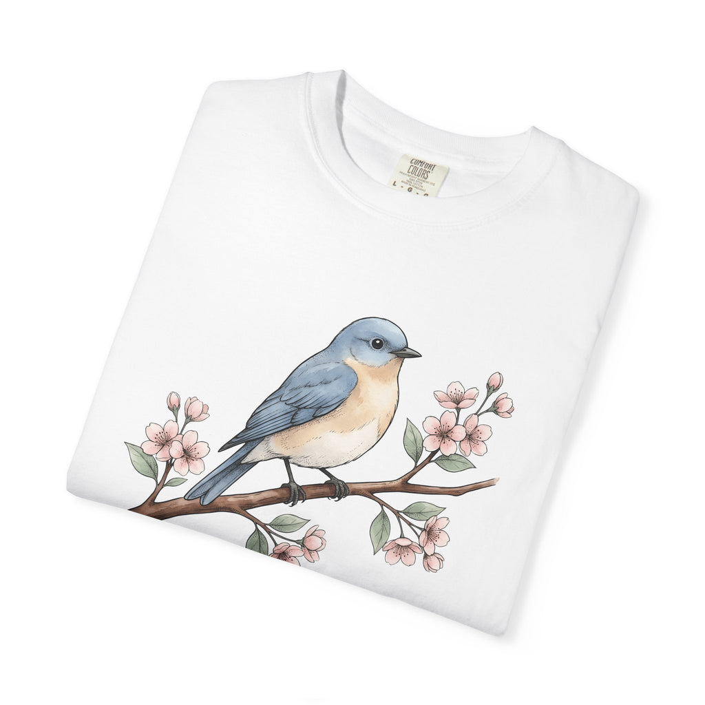 Bluebird Bloom Shirt Boho Chic Wildlife Gift Women Line Art Tee Bluebird T-Shirt Bohemian Fan Illustration Graphic Tshirt Ink Blossom Branch