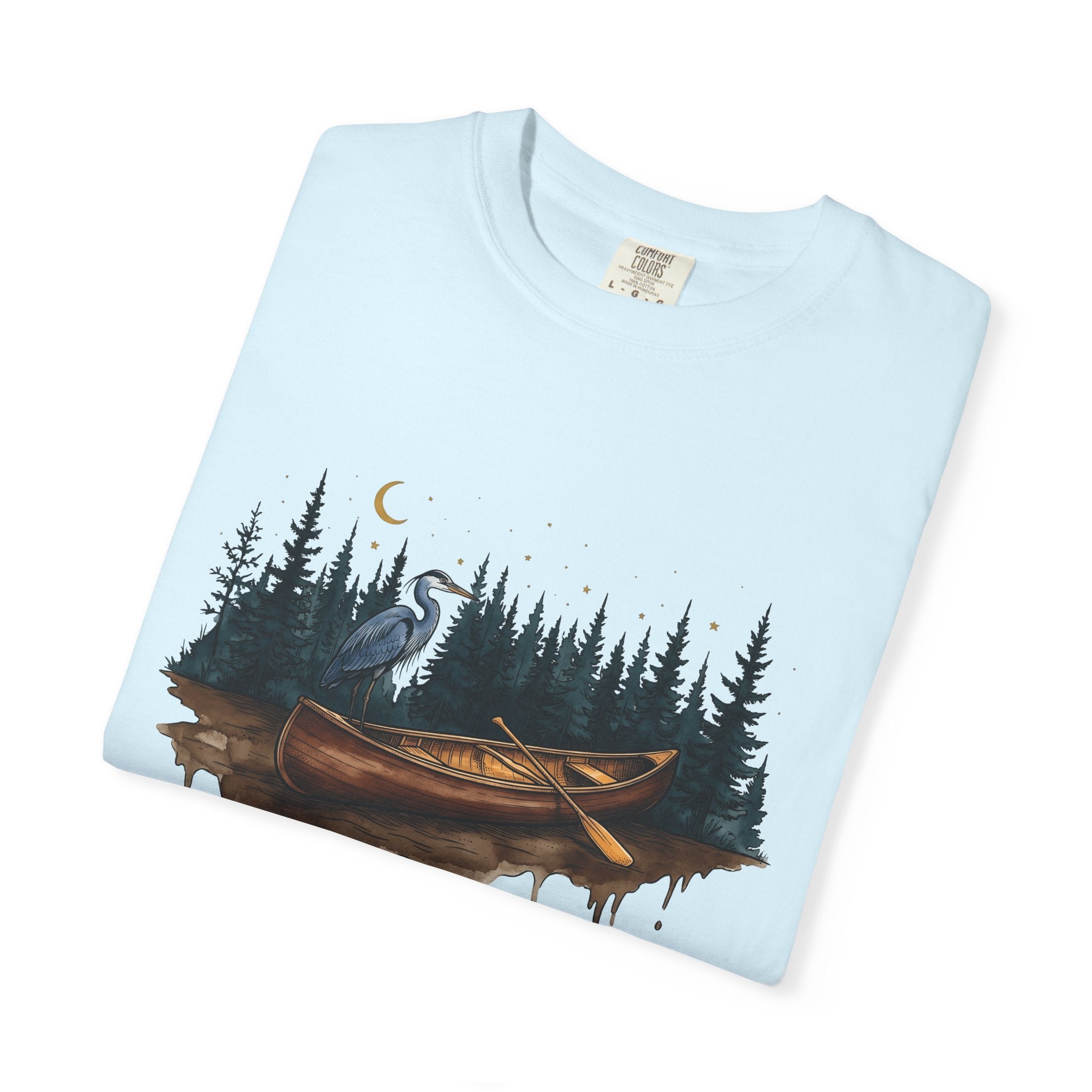 Kayak Bird Shirt Camping Exploration Gift Women Sketch Tee Heron T-Shirt Camper Fan Hand Drawn Tshirt Adventure Graphic Retro Fir Trees