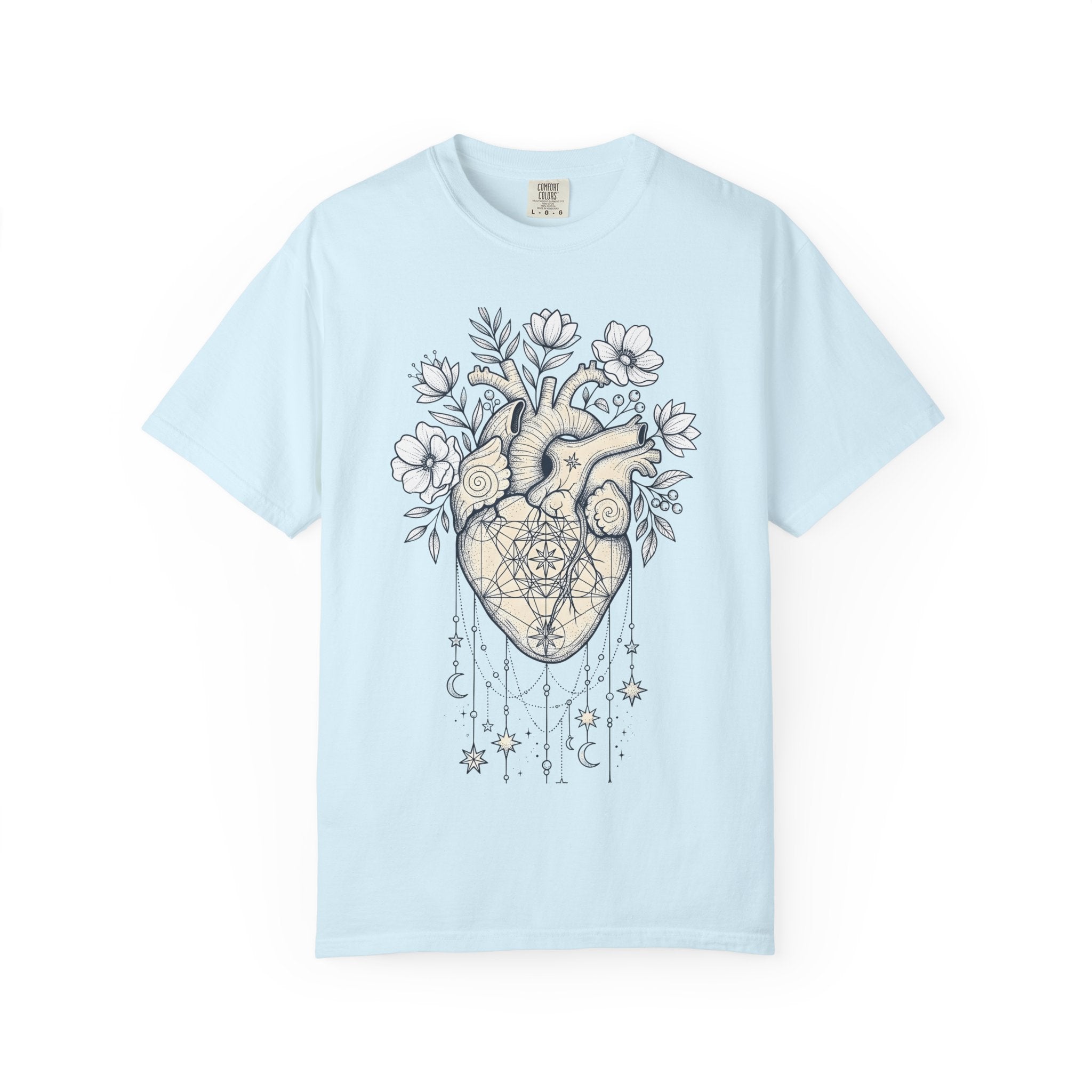 Anatomical Heart Floral Shirt Boho Chic Spiritual Gift Women Line Art Tee Heart T-Shirt Bohemian Enthusiast Illustrative Tshirt Mystical